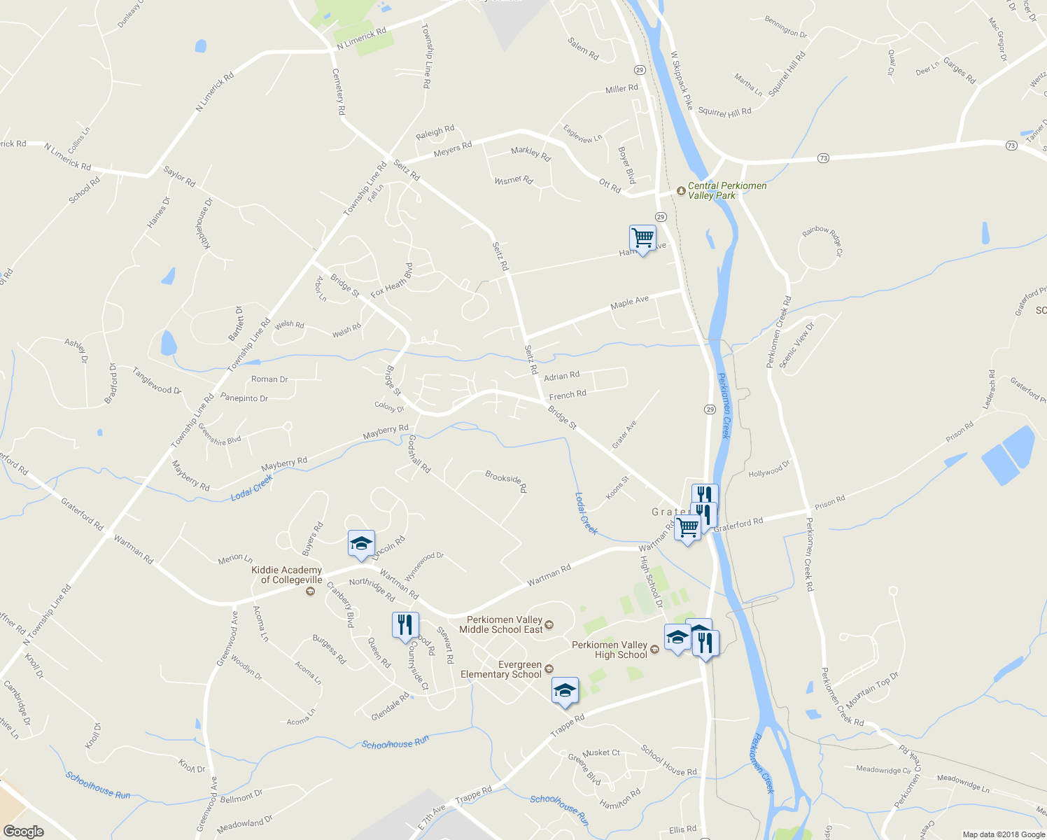 map of restaurants, bars, coffee shops, grocery stores, and more near 310 Bridge Street in Collegeville