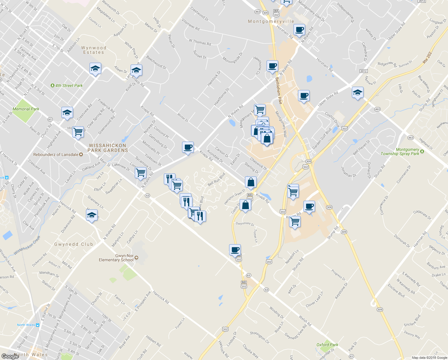 map of restaurants, bars, coffee shops, grocery stores, and more near 100 Signal Hill Ct N in North Wales
