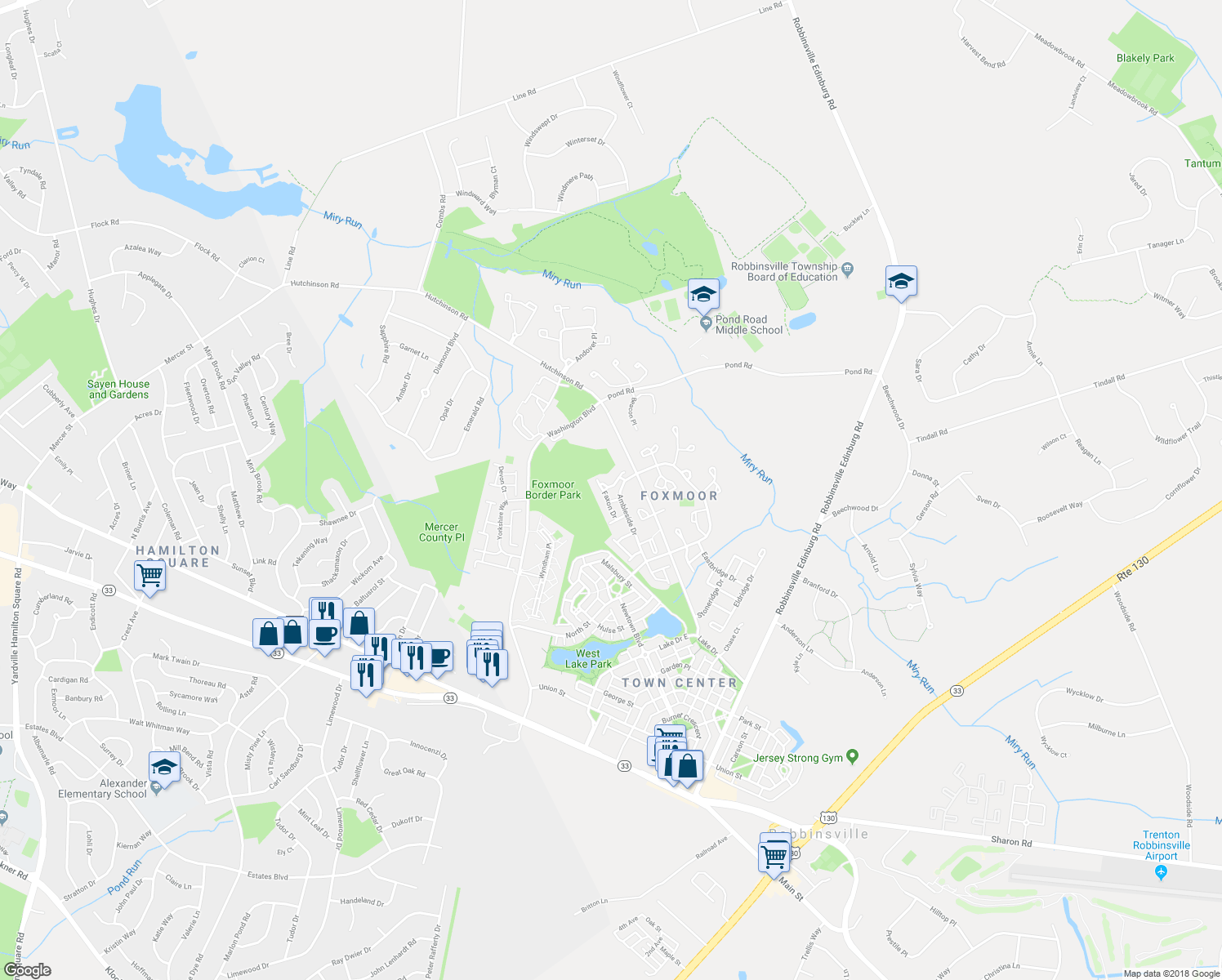 map of restaurants, bars, coffee shops, grocery stores, and more near 28 Faxon Drive in Robbinsville