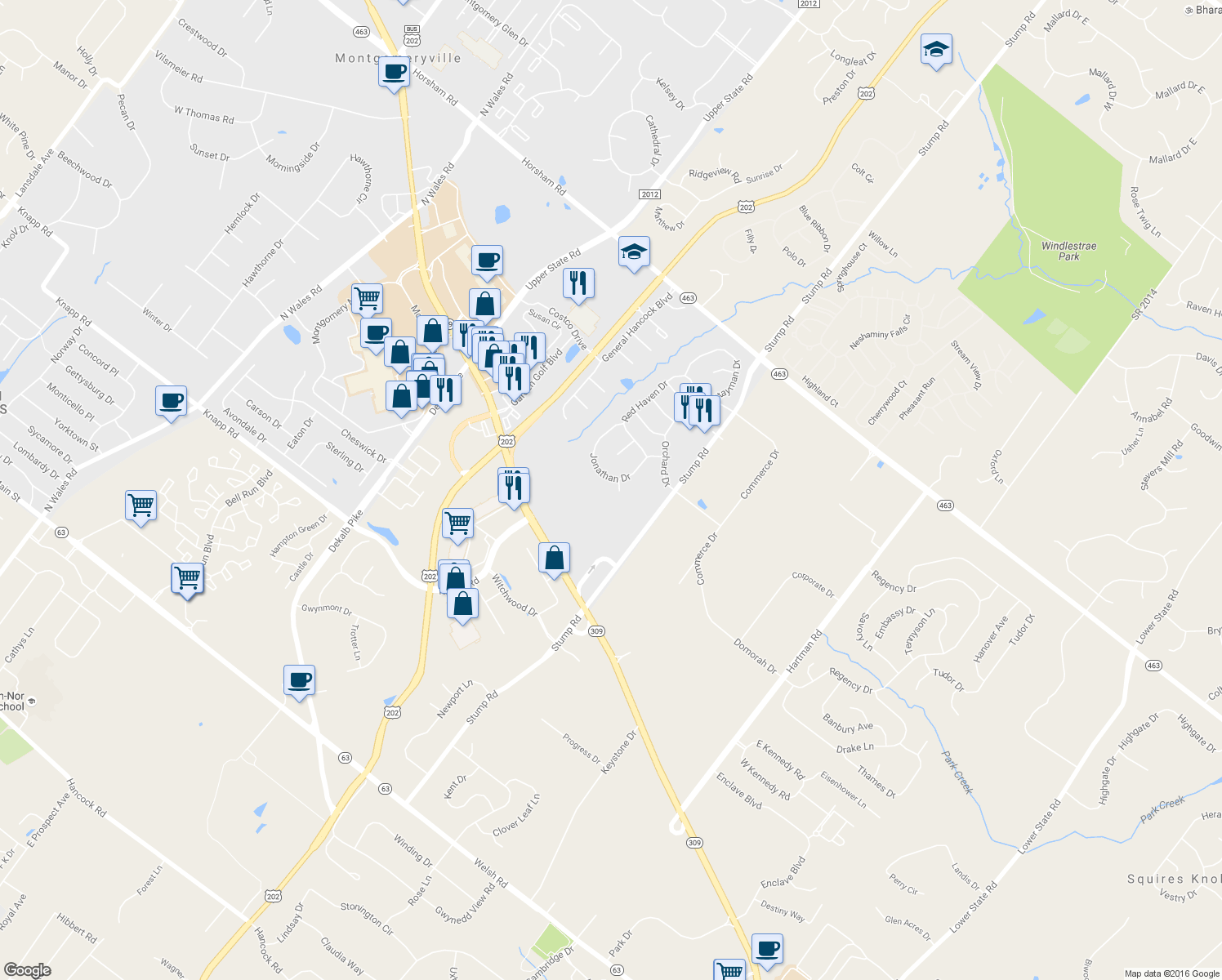 map of restaurants, bars, coffee shops, grocery stores, and more near 108 Windsor Circle in North Wales