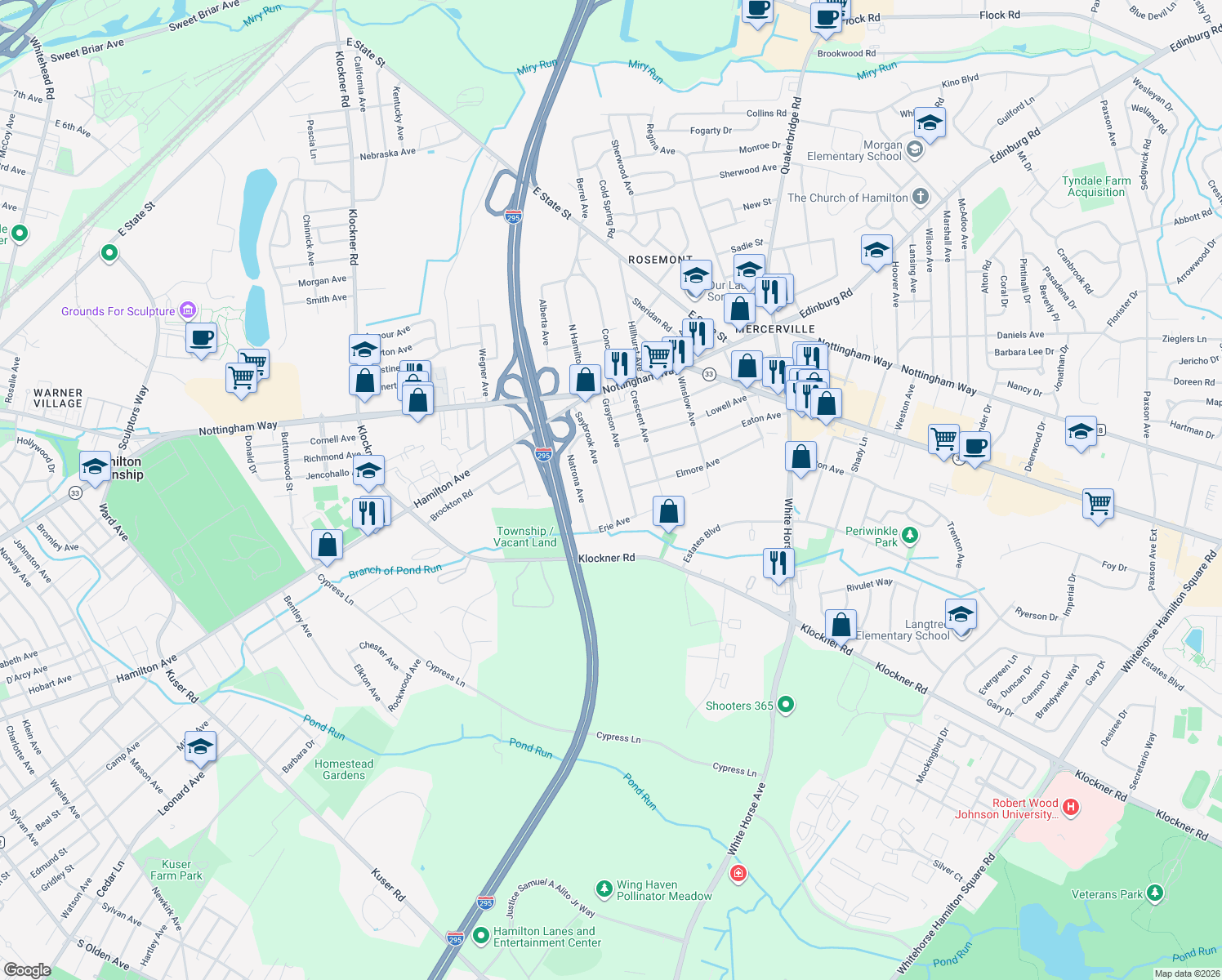 map of restaurants, bars, coffee shops, grocery stores, and more near 171 Saybrook Avenue in Hamilton Township