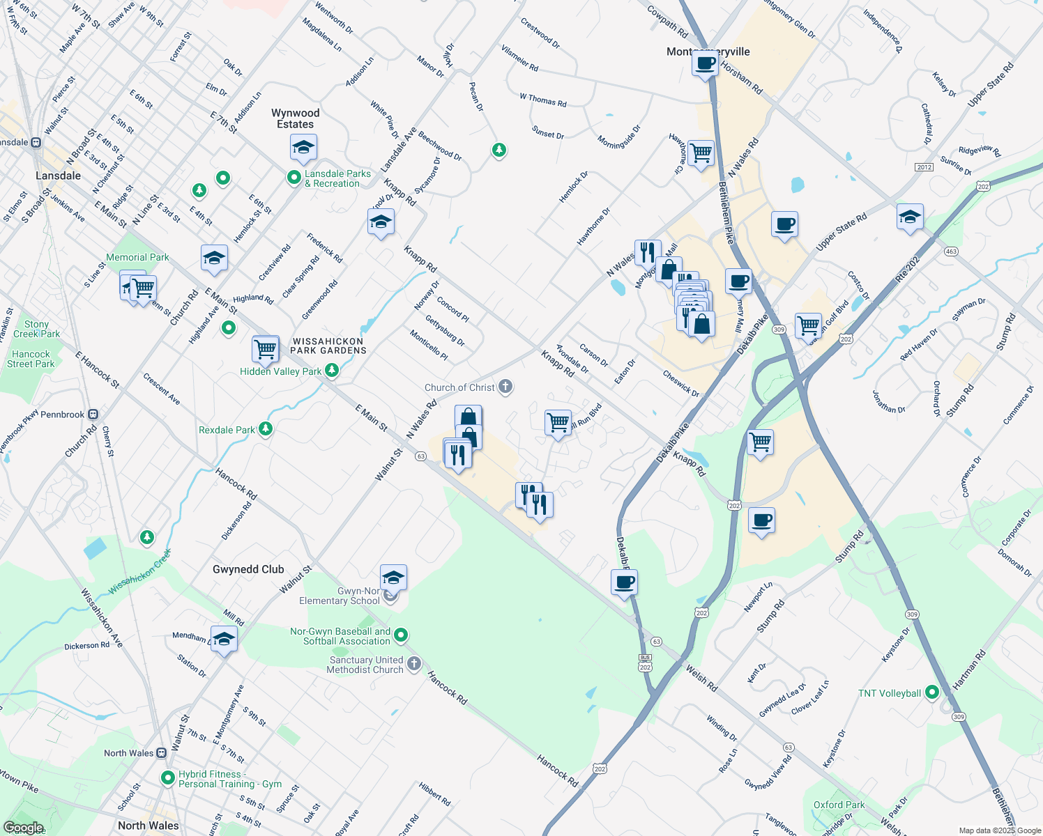 map of restaurants, bars, coffee shops, grocery stores, and more near 3008 Maryanne's Court in North Wales