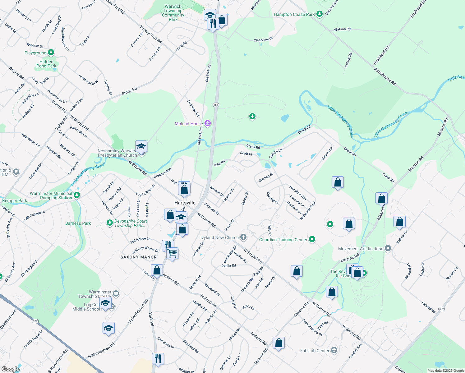 map of restaurants, bars, coffee shops, grocery stores, and more near 1546 Tarleton Place in Warminster