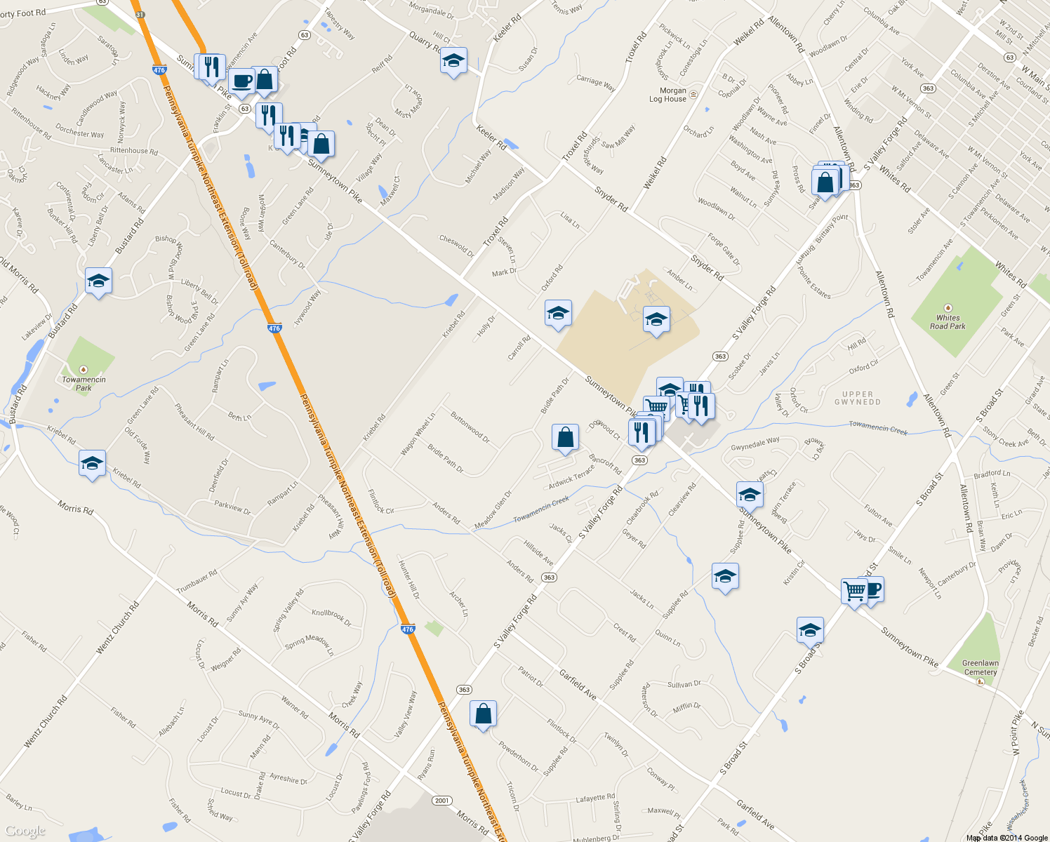 map of restaurants, bars, coffee shops, grocery stores, and more near 1590 Bridle Path Dr in Lansdale