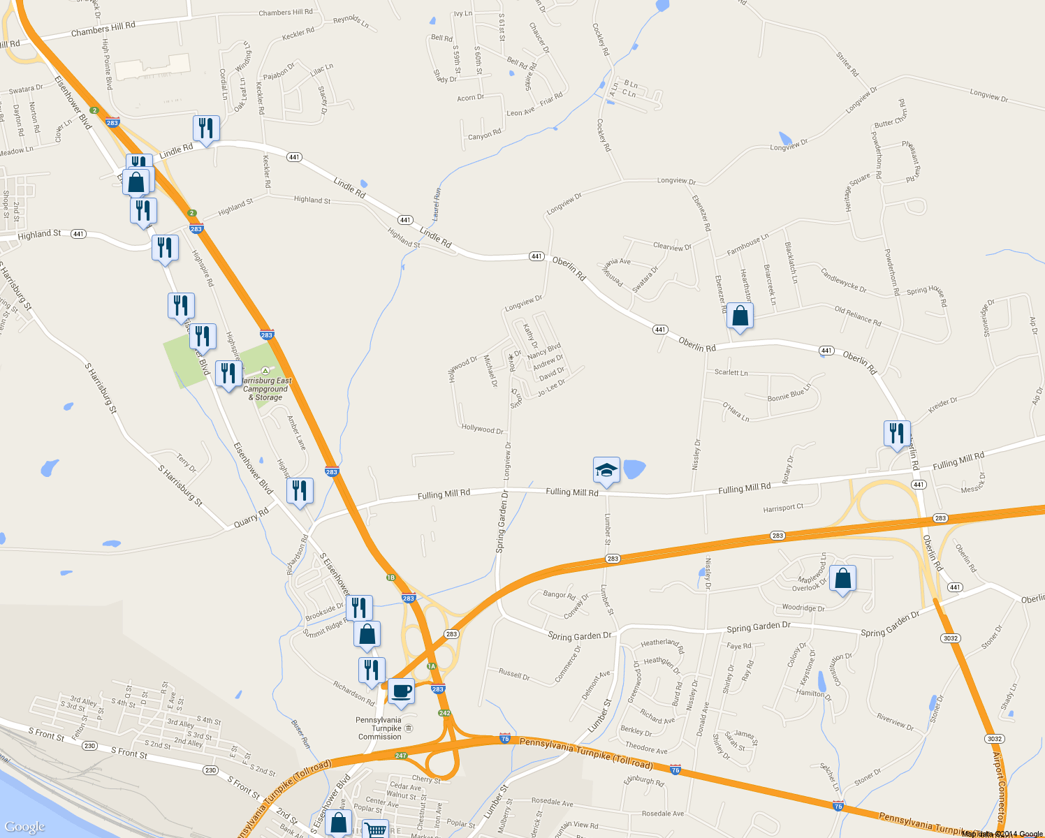 map of restaurants, bars, coffee shops, grocery stores, and more near 1538 Longview Drive in Middletown