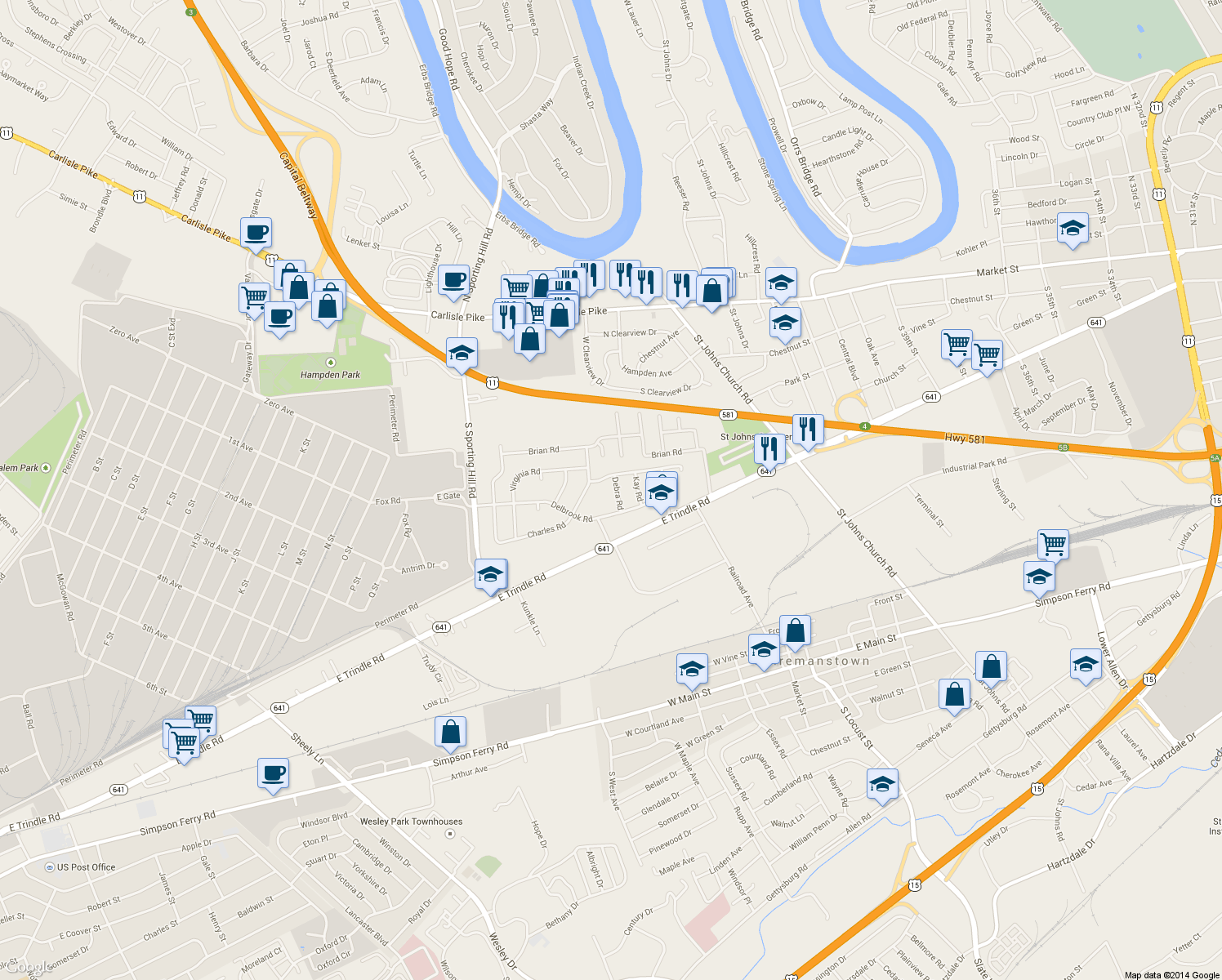 map of restaurants, bars, coffee shops, grocery stores, and more near 304 Debra Road in Mechanicsburg