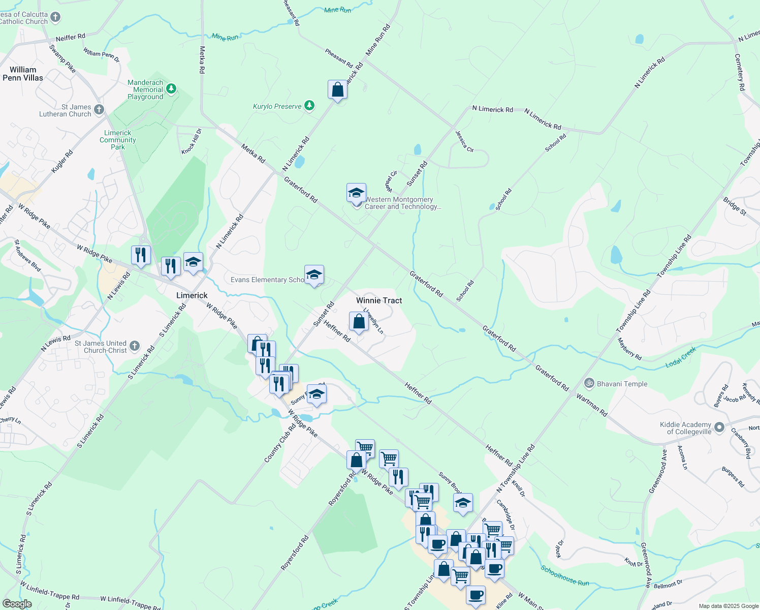 map of restaurants, bars, coffee shops, grocery stores, and more near 27 Edmonds Drive in Royersford