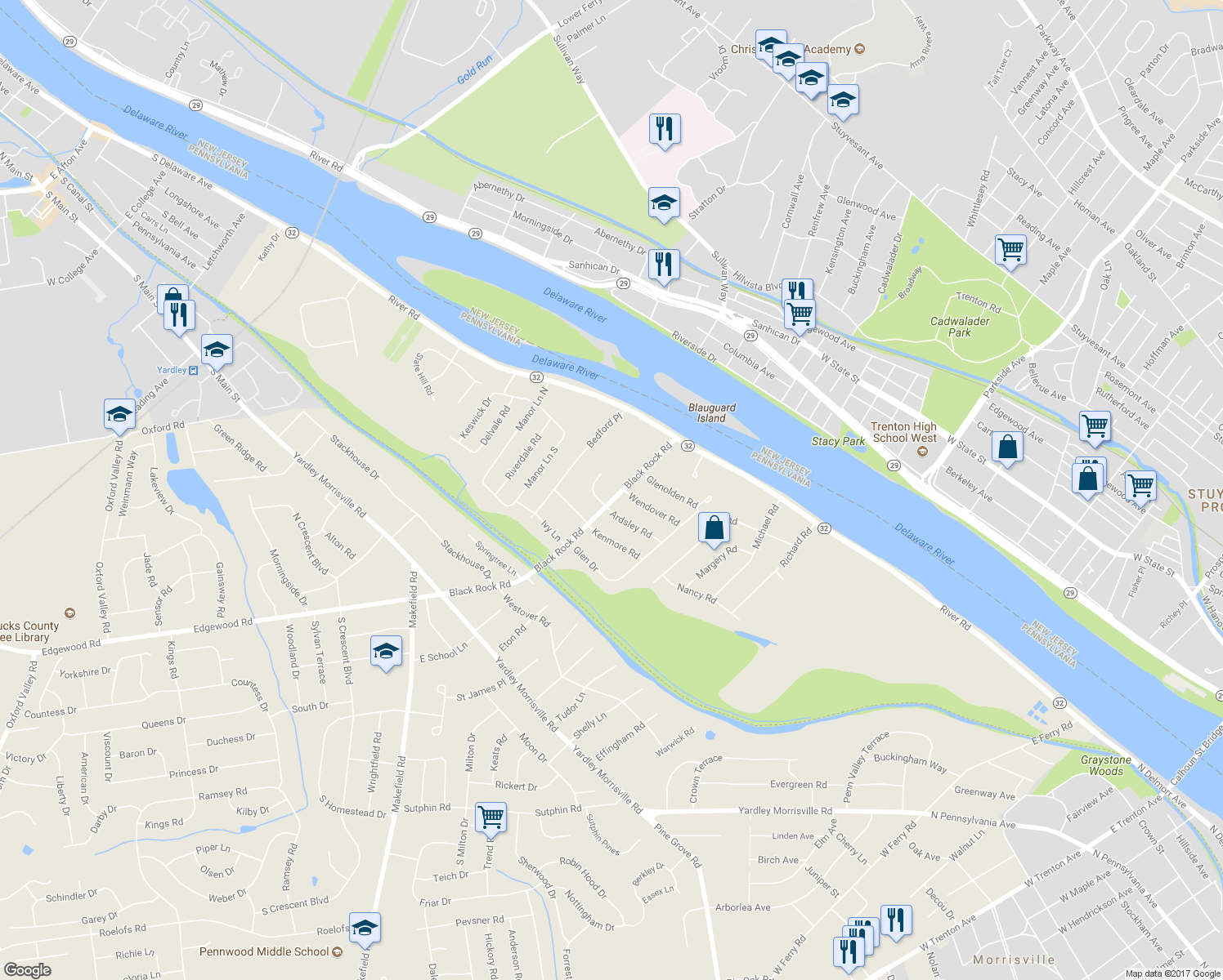 map of restaurants, bars, coffee shops, grocery stores, and more near 56 Black Rock Road in Yardley