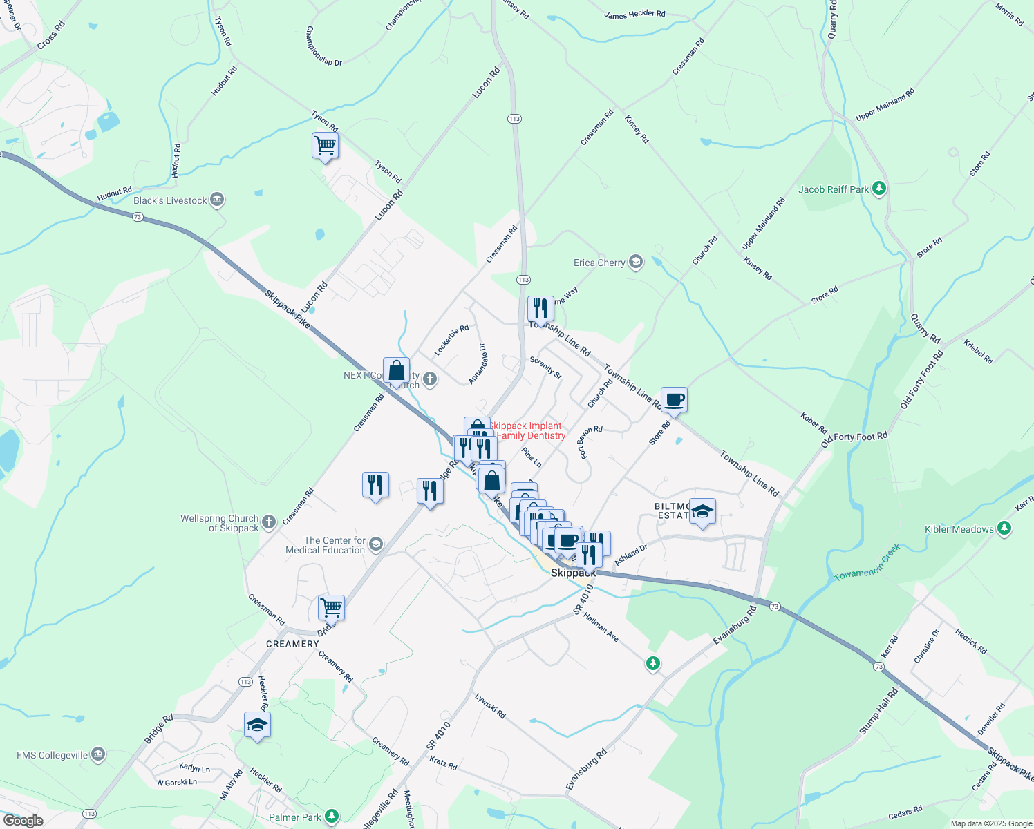 map of restaurants, bars, coffee shops, grocery stores, and more near 2033 Serendipity Way in Schwenksville