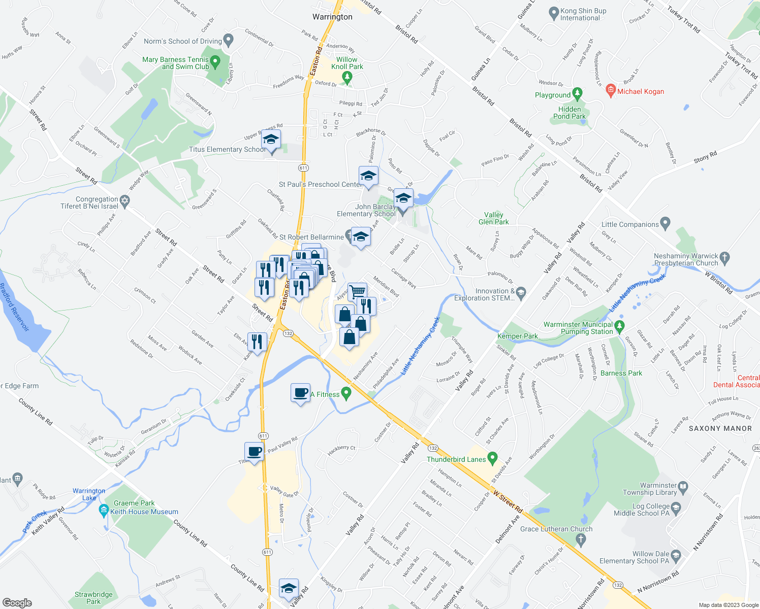 map of restaurants, bars, coffee shops, grocery stores, and more near 2321 Meridian Boulevard in Warrington