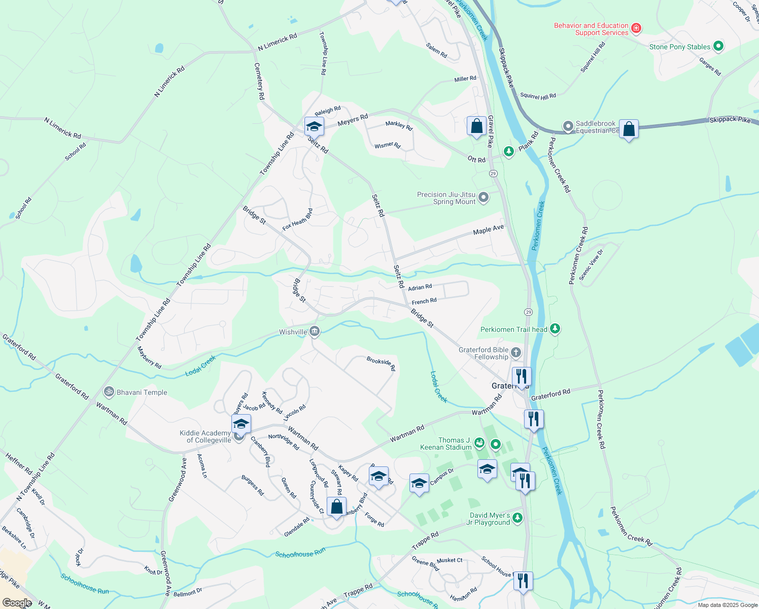 map of restaurants, bars, coffee shops, grocery stores, and more near 328 Bridge Street in Collegeville