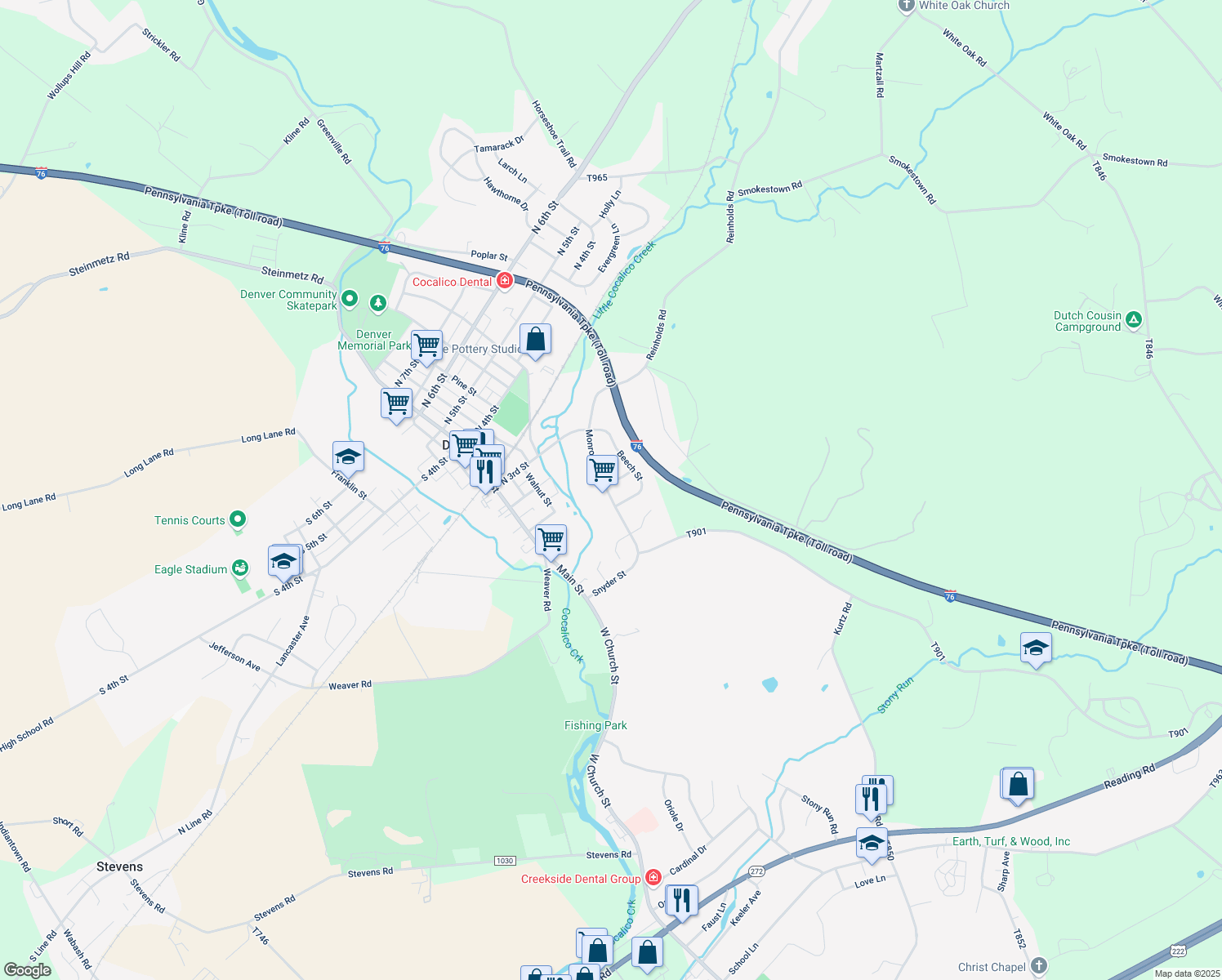 map of restaurants, bars, coffee shops, grocery stores, and more near 101 Birch St in Denver