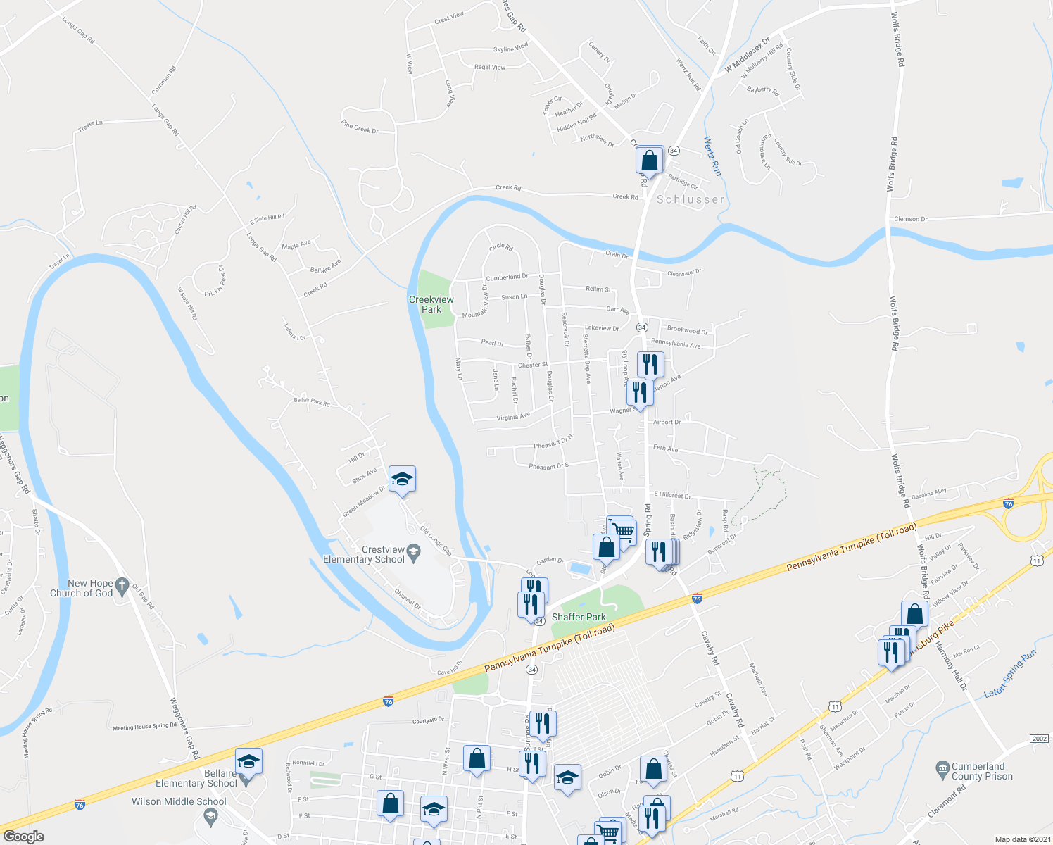 map of restaurants, bars, coffee shops, grocery stores, and more near 132 Virginia Ave in Carlisle