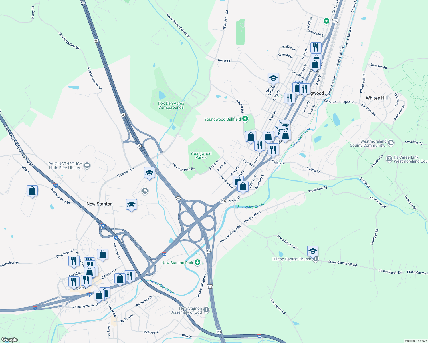 map of restaurants, bars, coffee shops, grocery stores, and more near 901 Painter Street in Youngwood