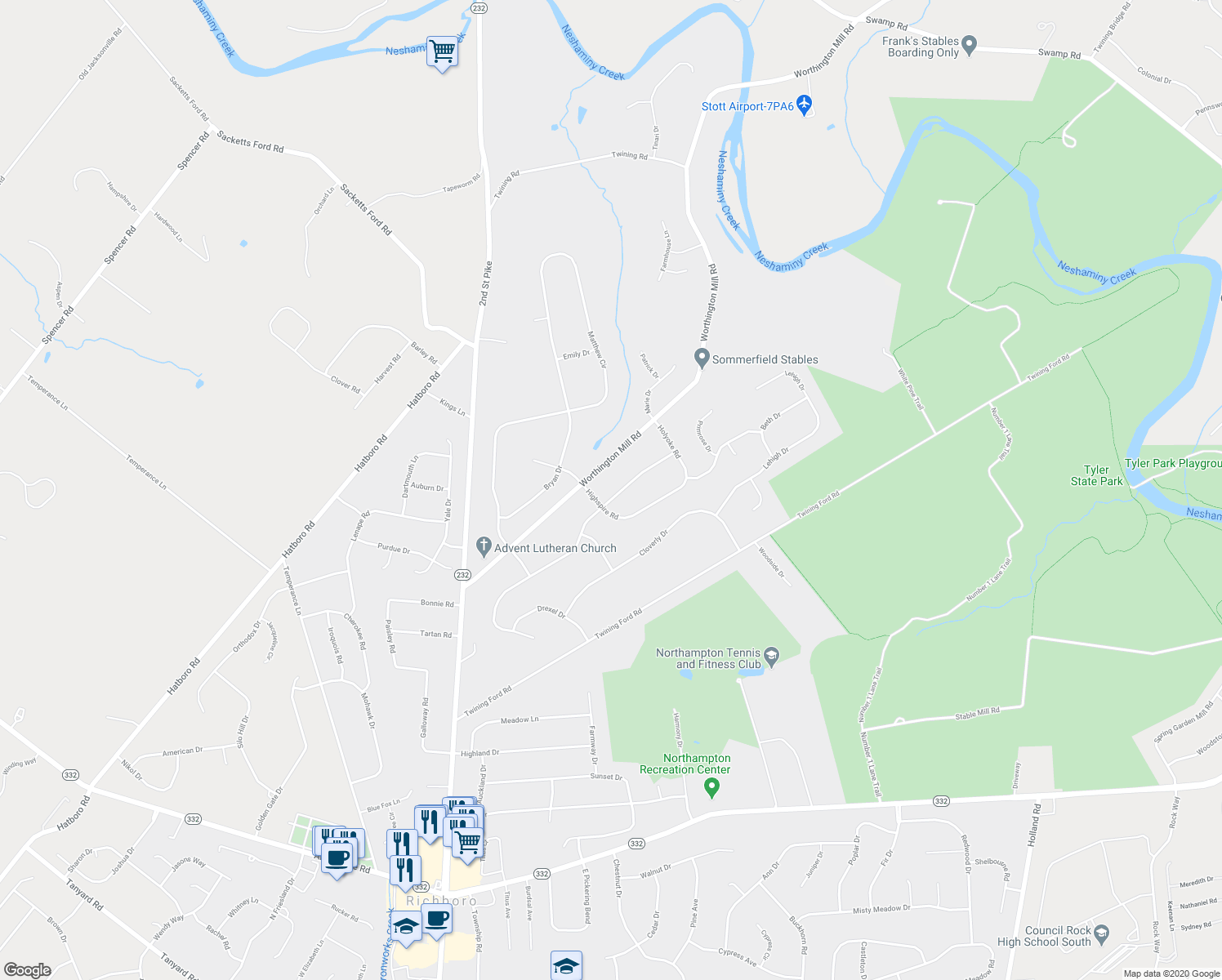 map of restaurants, bars, coffee shops, grocery stores, and more near 85 Holly Hill Road in Richboro