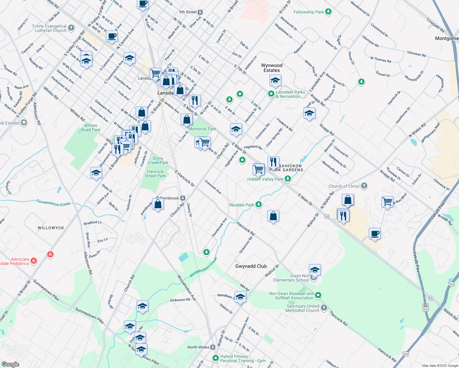 map of restaurants, bars, coffee shops, grocery stores, and more near 235 Pennbrook Avenue in Lansdale