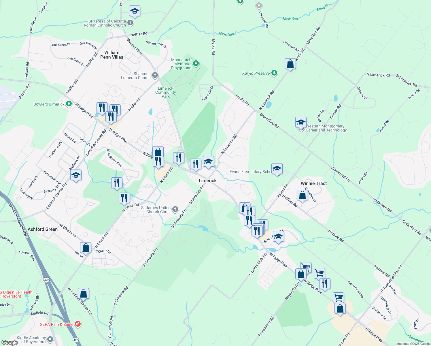 map of restaurants, bars, coffee shops, grocery stores, and more near 22 North Limerick Road in Royersford