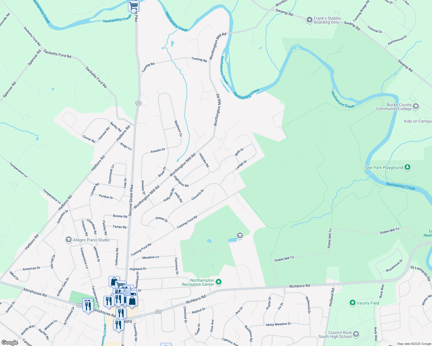 map of restaurants, bars, coffee shops, grocery stores, and more near 96 Holyoke Road in Richboro