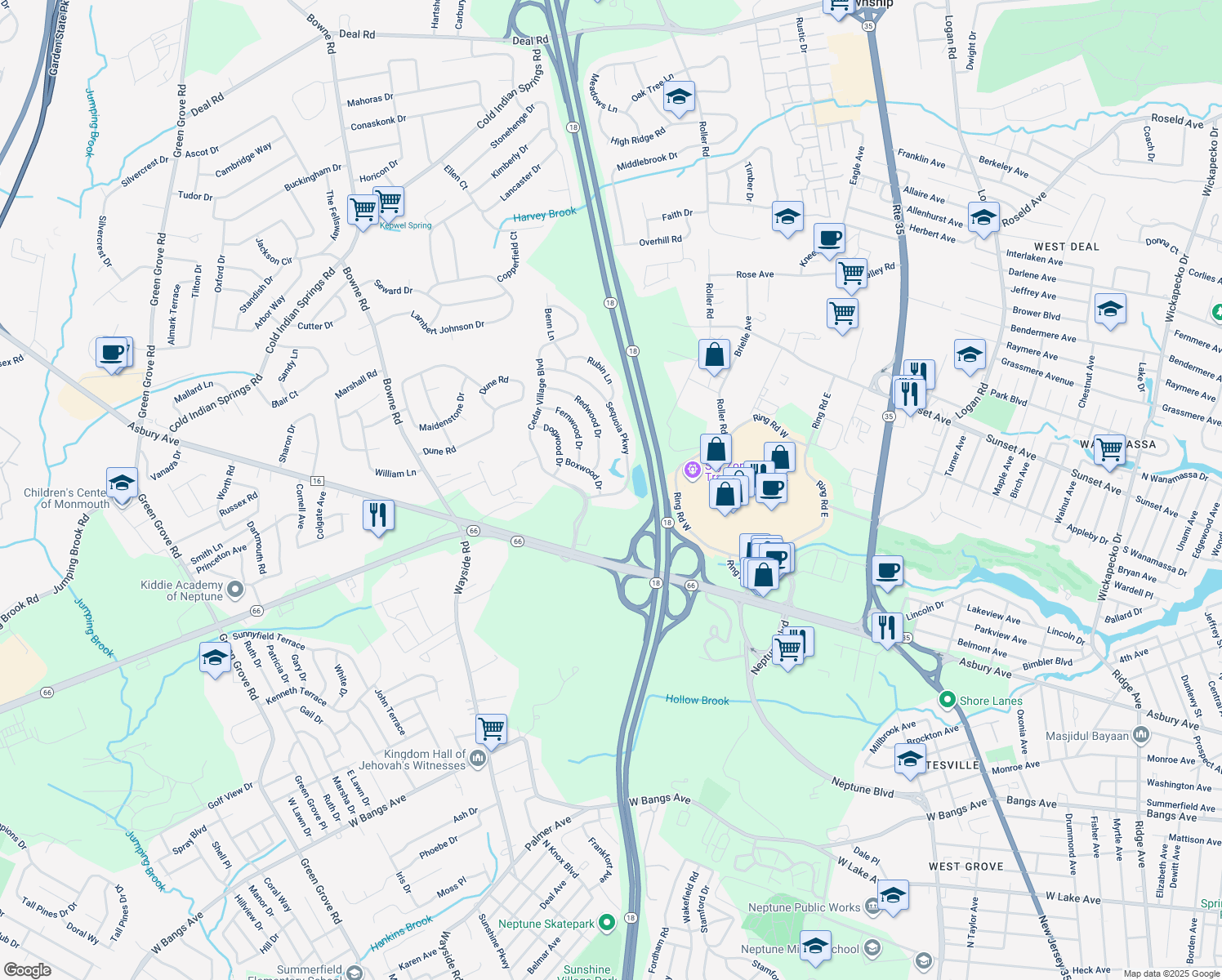 map of restaurants, bars, coffee shops, grocery stores, and more near 13 Sequoia Parkway in Ocean Township