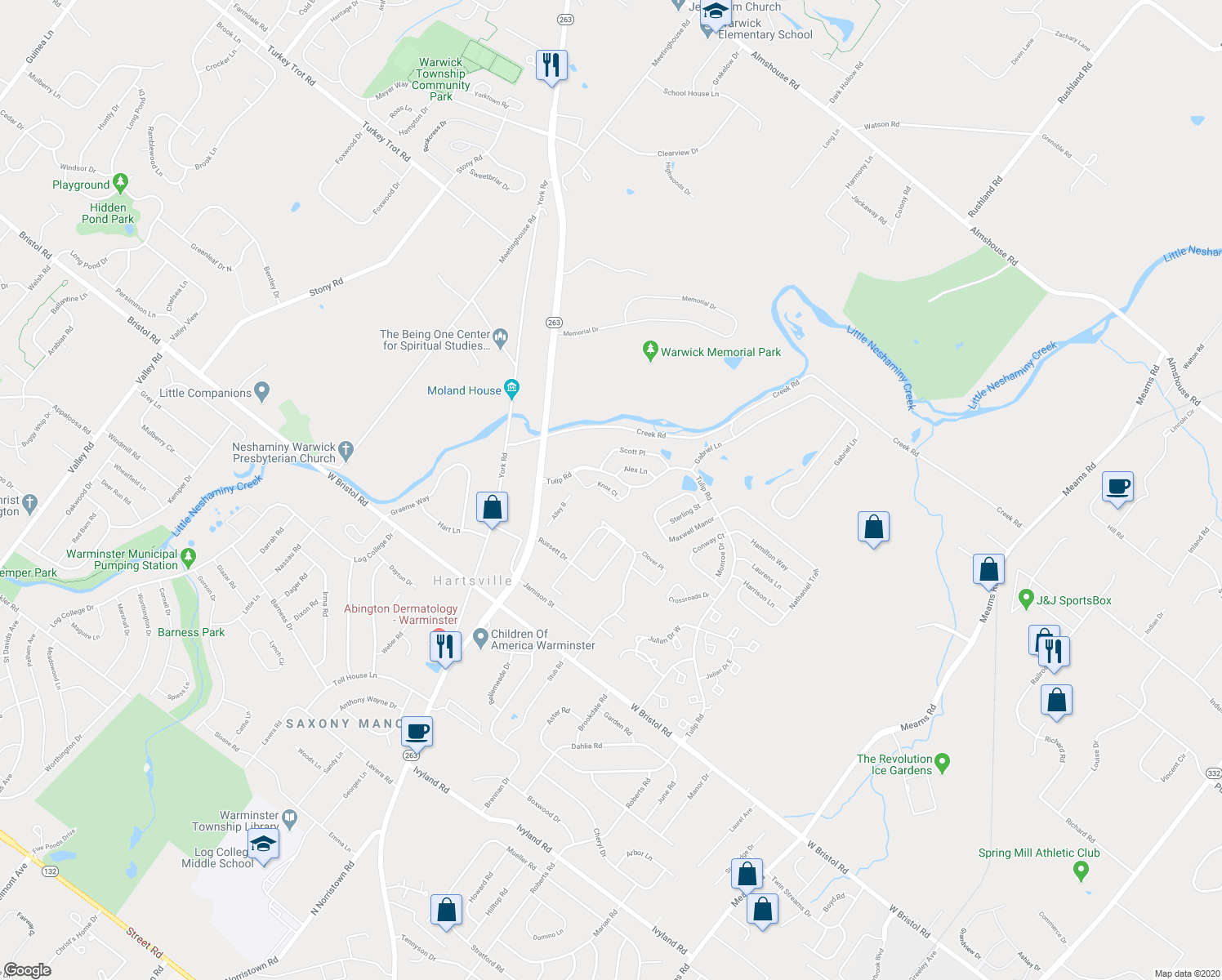 map of restaurants, bars, coffee shops, grocery stores, and more near 5302 Knox Court in Warminster