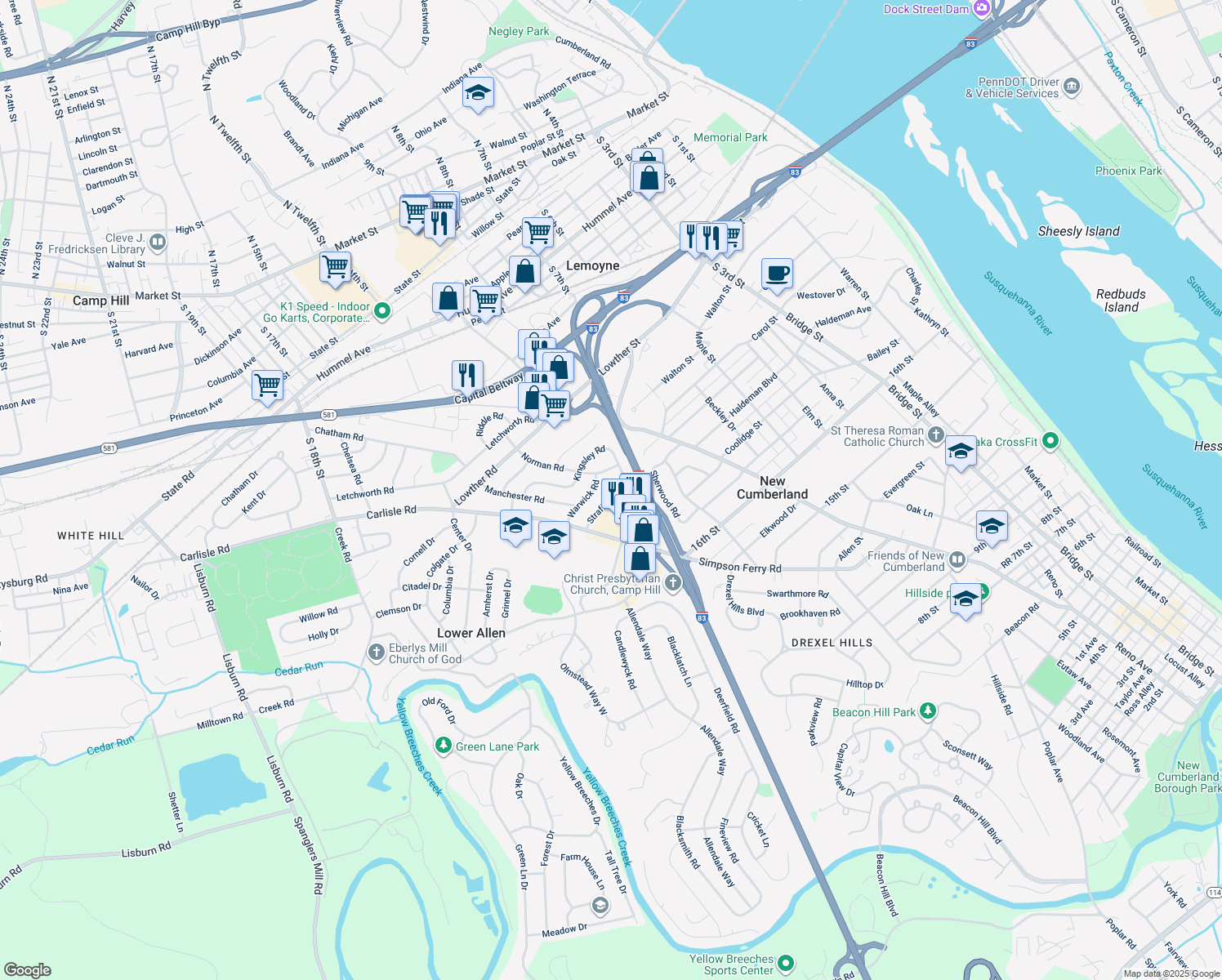 map of restaurants, bars, coffee shops, grocery stores, and more near 1298 Strafford Road in Camp Hill