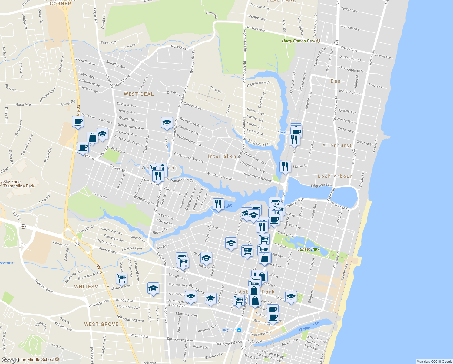 map of restaurants, bars, coffee shops, grocery stores, and more near 408 Windermere Avenue in Interlaken