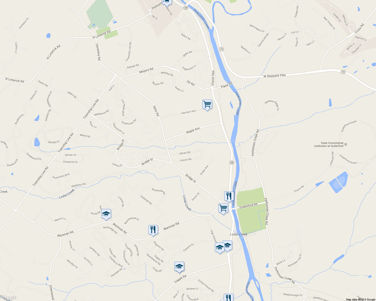 map of restaurants, bars, coffee shops, grocery stores, and more near 403 Adrian Road in Collegeville