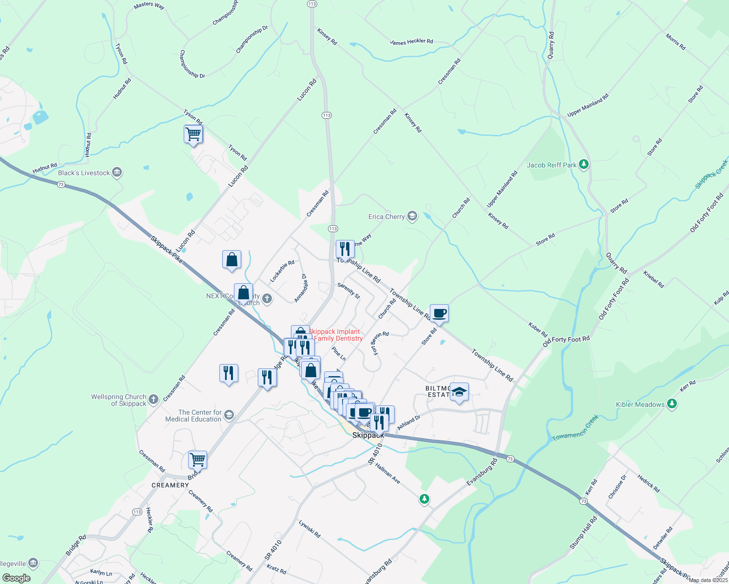 map of restaurants, bars, coffee shops, grocery stores, and more near 4128 Inspiration Street in Schwenksville