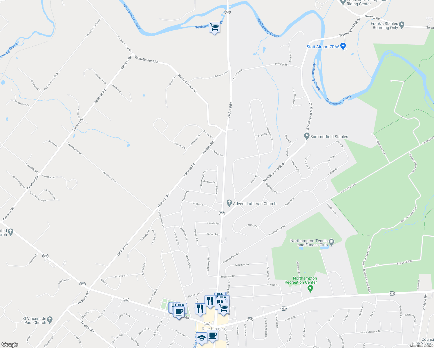 map of restaurants, bars, coffee shops, grocery stores, and more near 51 Yale Drive in Richboro