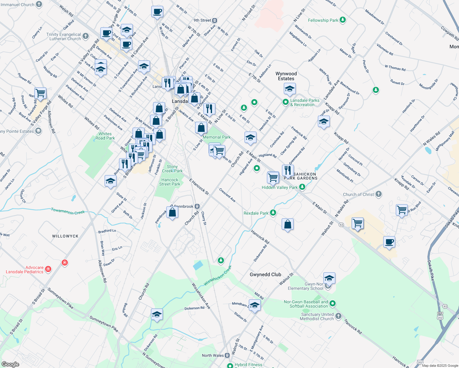 map of restaurants, bars, coffee shops, grocery stores, and more near 230 Highland Avenue in Lansdale
