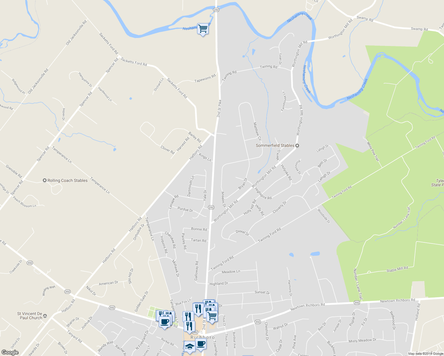 map of restaurants, bars, coffee shops, grocery stores, and more near 148 Anselm Drive in Richboro