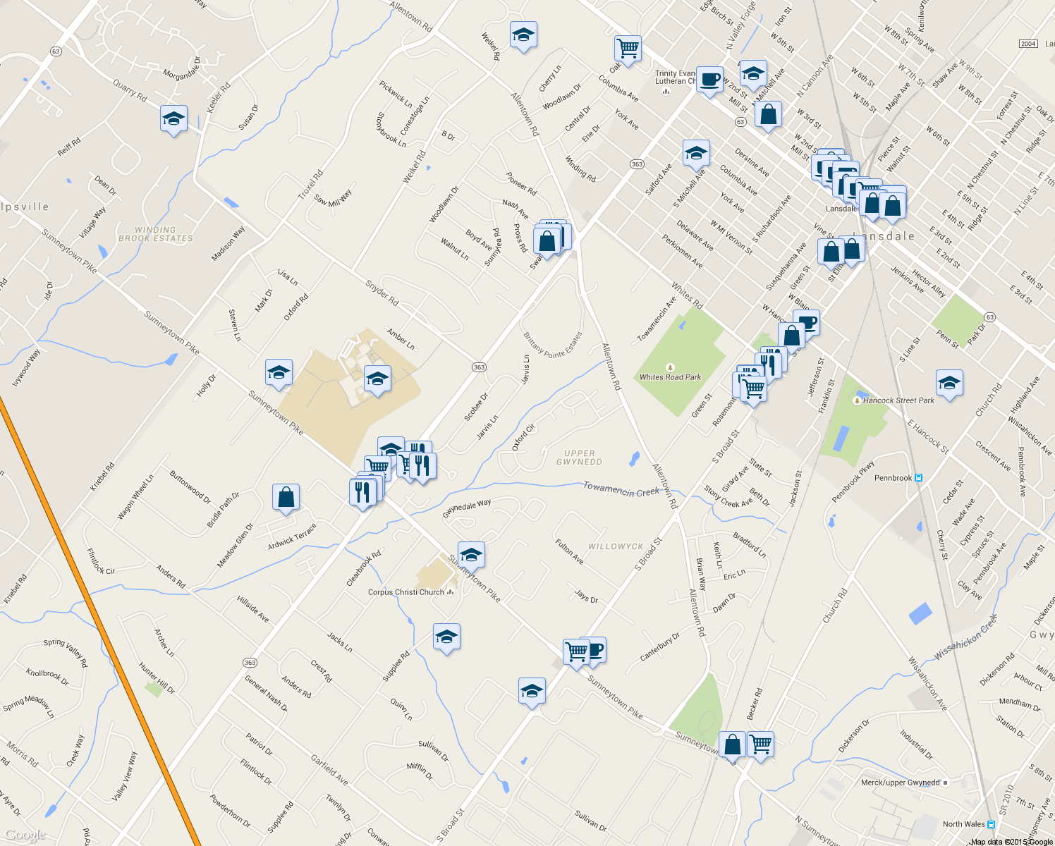 map of restaurants, bars, coffee shops, grocery stores, and more near 1232 Oxford Cir in Lansdale