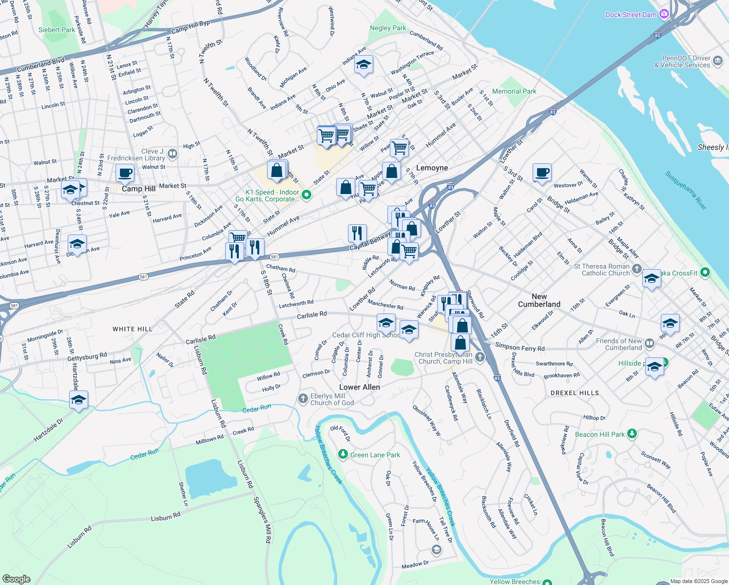 map of restaurants, bars, coffee shops, grocery stores, and more near 1398 Lowther Road in Camp Hill