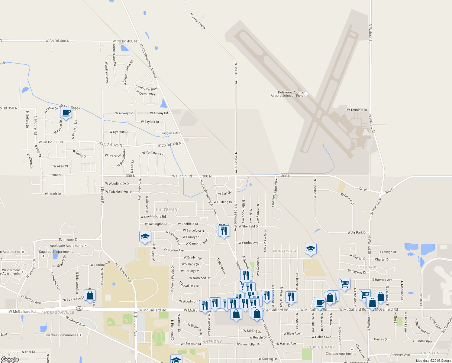 map of restaurants, bars, coffee shops, grocery stores, and more near 4801 North Maplewood Avenue in Muncie
