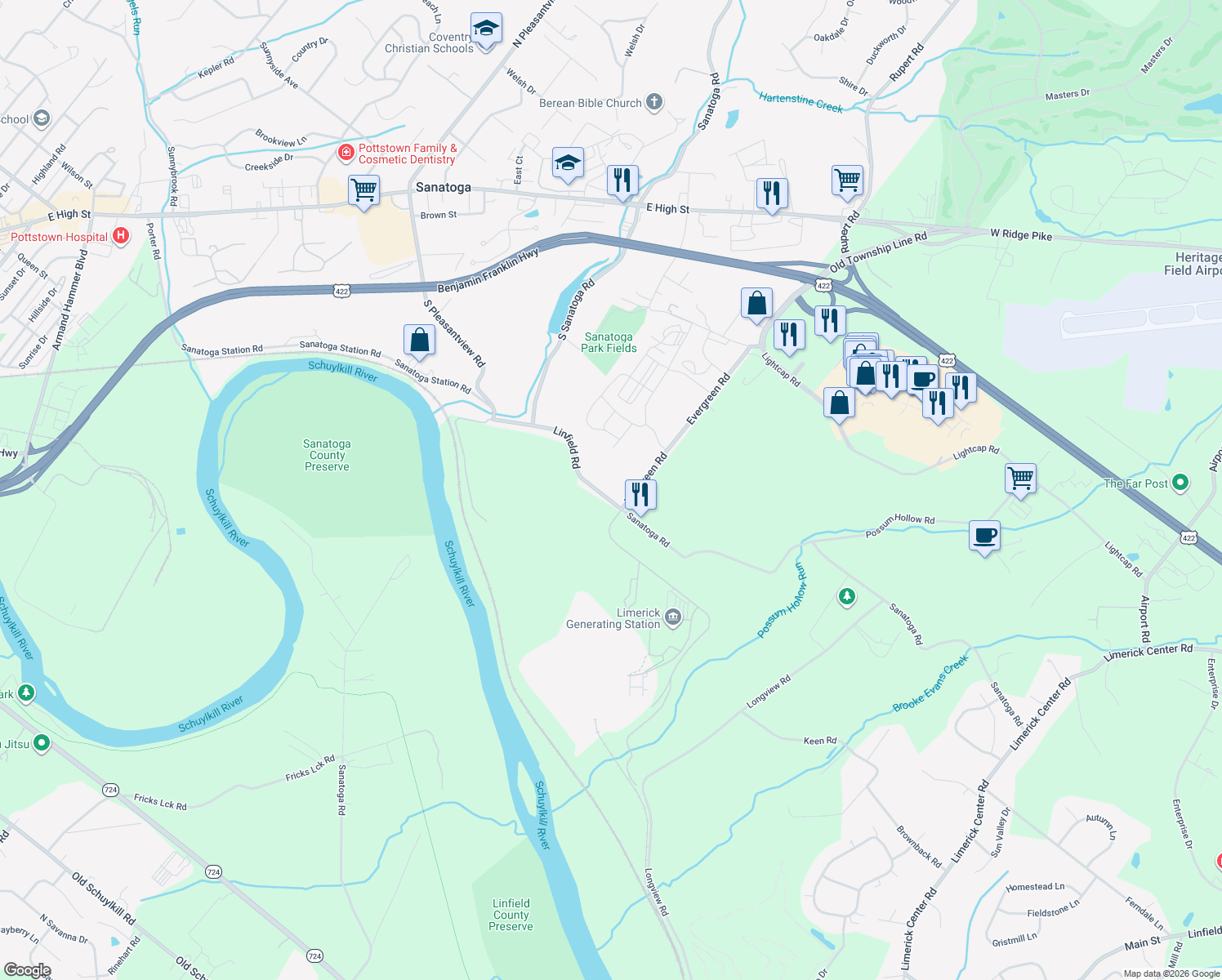 map of restaurants, bars, coffee shops, grocery stores, and more near 3033 Linfield Road in Pottstown