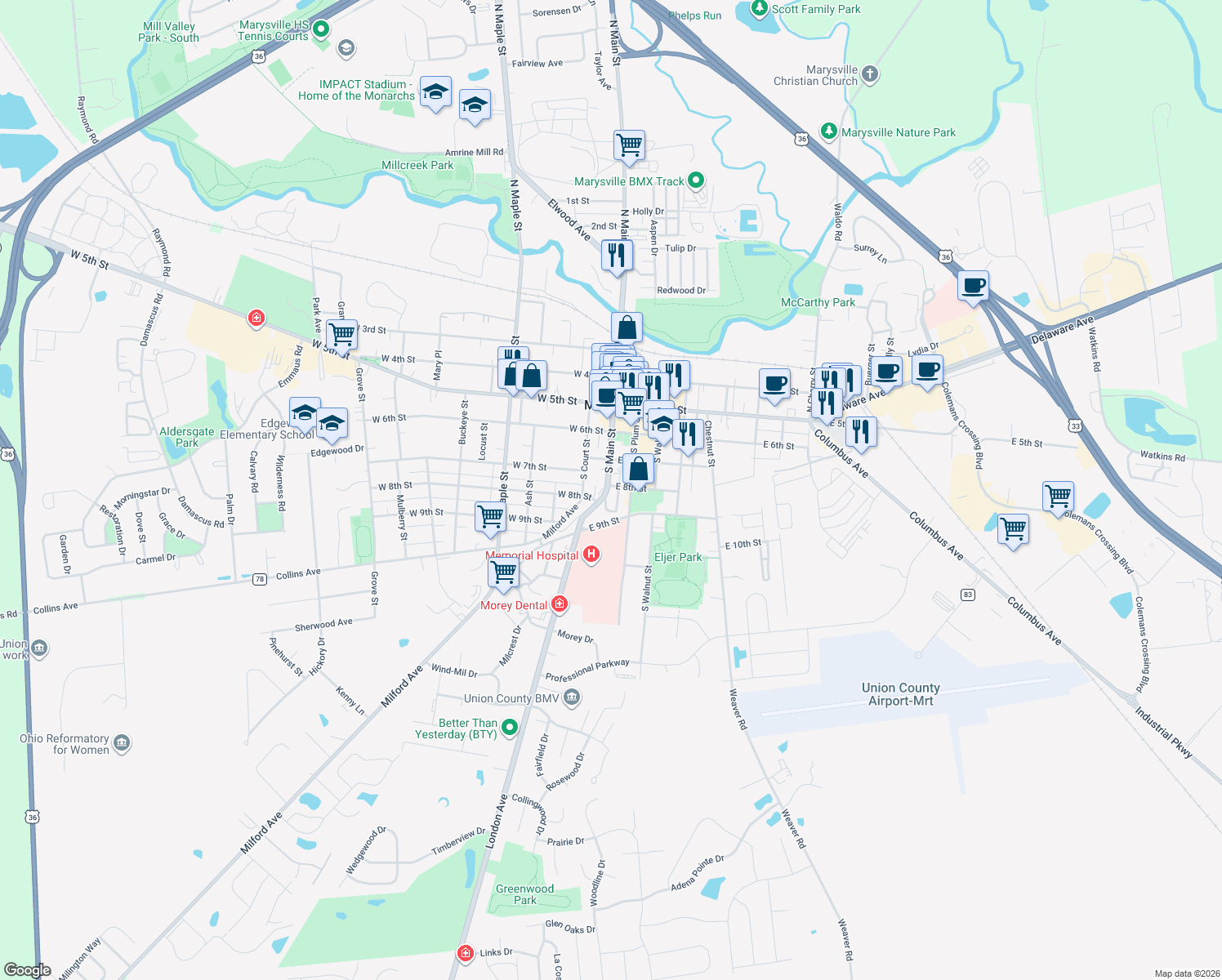 map of restaurants, bars, coffee shops, grocery stores, and more near 404 South Main Street in Marysville