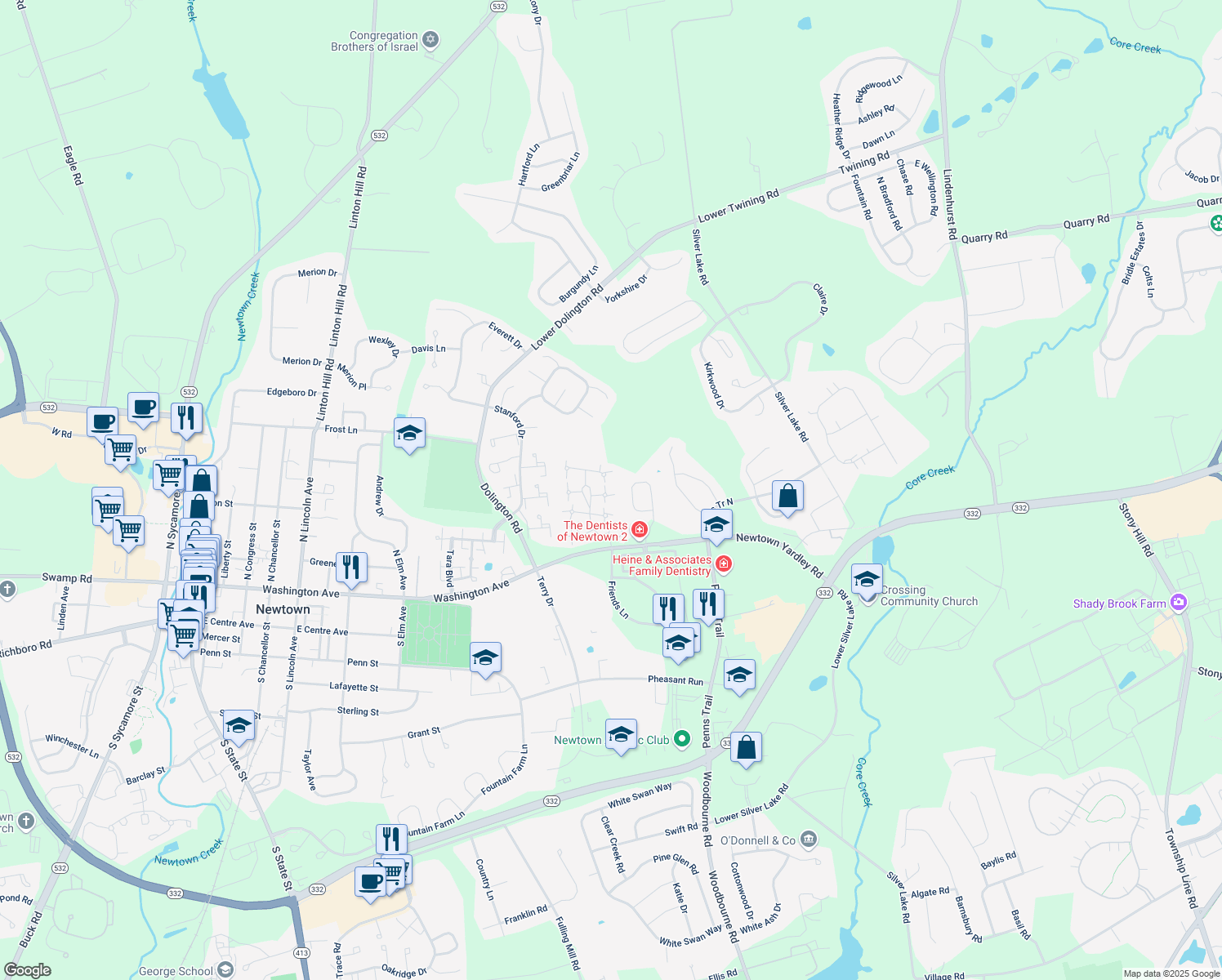 map of restaurants, bars, coffee shops, grocery stores, and more near 15 Colchester Place in Newtown