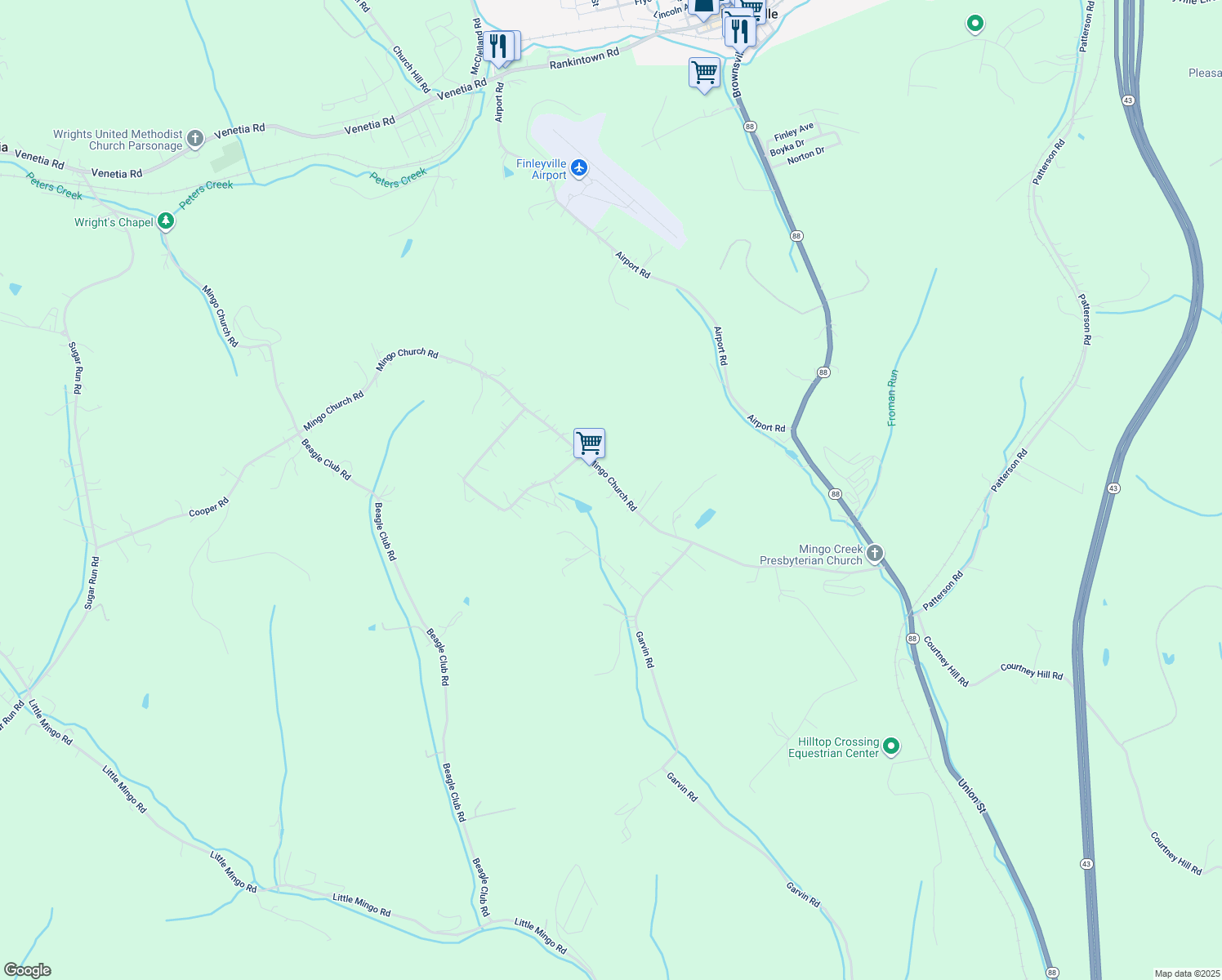 map of restaurants, bars, coffee shops, grocery stores, and more near 386 Mingo Church Road in Finleyville