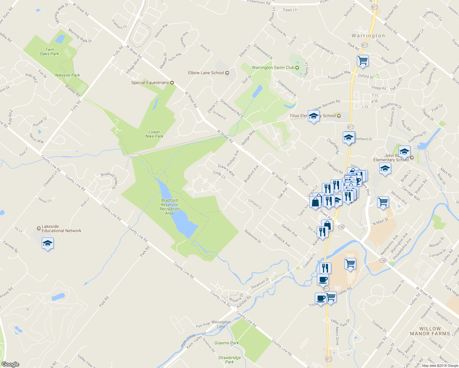 map of restaurants, bars, coffee shops, grocery stores, and more near 2412 Cindy Lane in Warrington