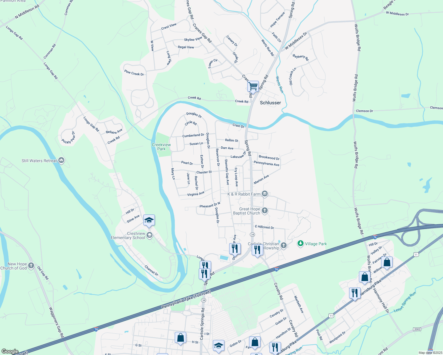 map of restaurants, bars, coffee shops, grocery stores, and more near 1919 Reservoir Drive in Carlisle