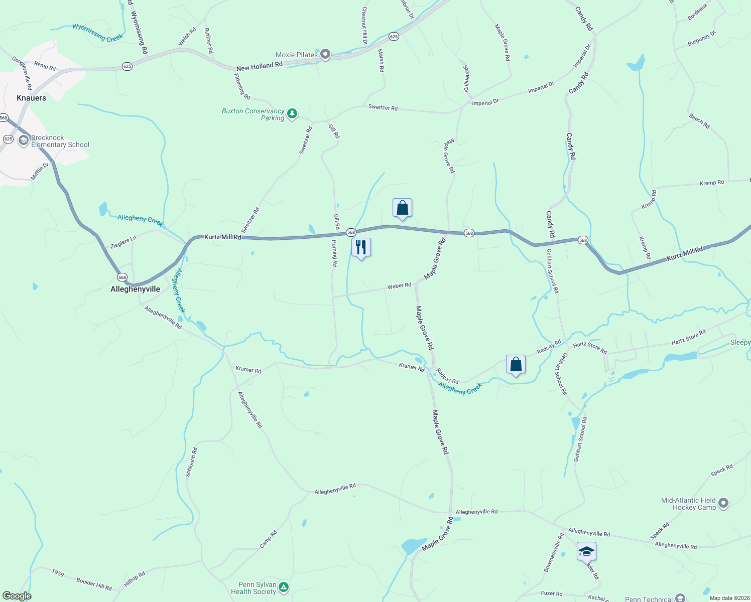 map of restaurants, bars, coffee shops, grocery stores, and more near 5038 Weber Rd in Mohnton