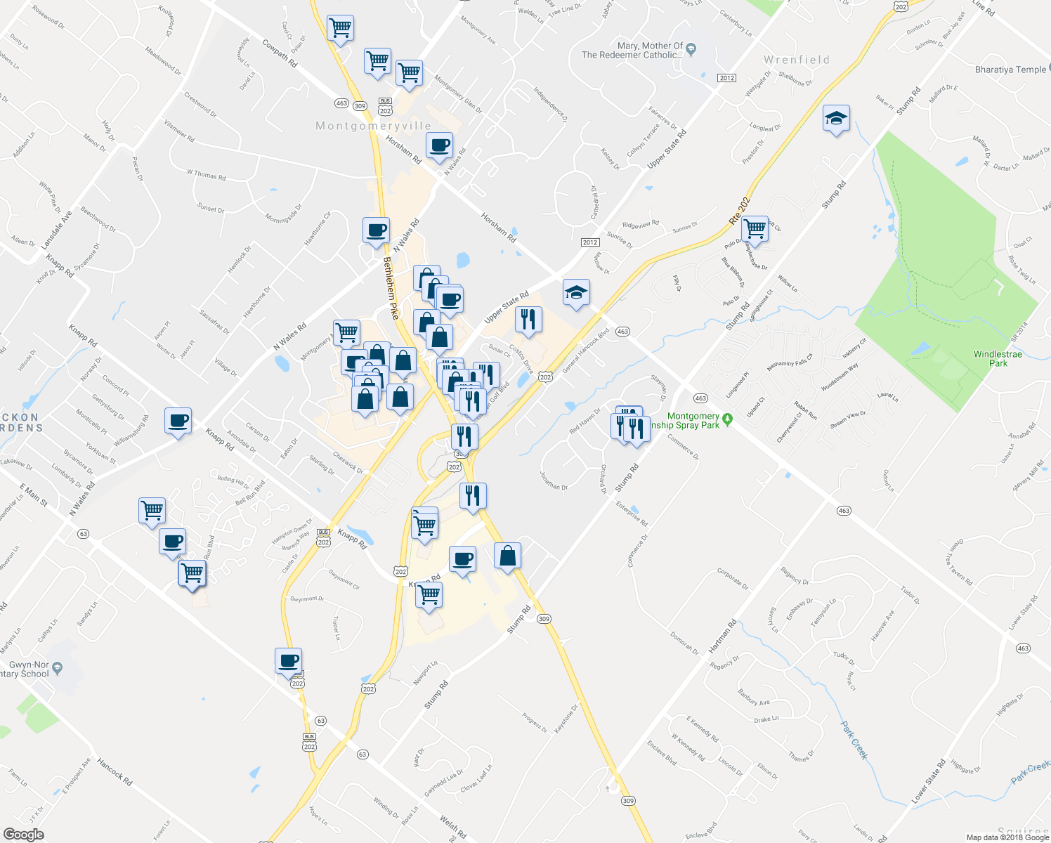 map of restaurants, bars, coffee shops, grocery stores, and more near 101 Anthony Court in North Wales