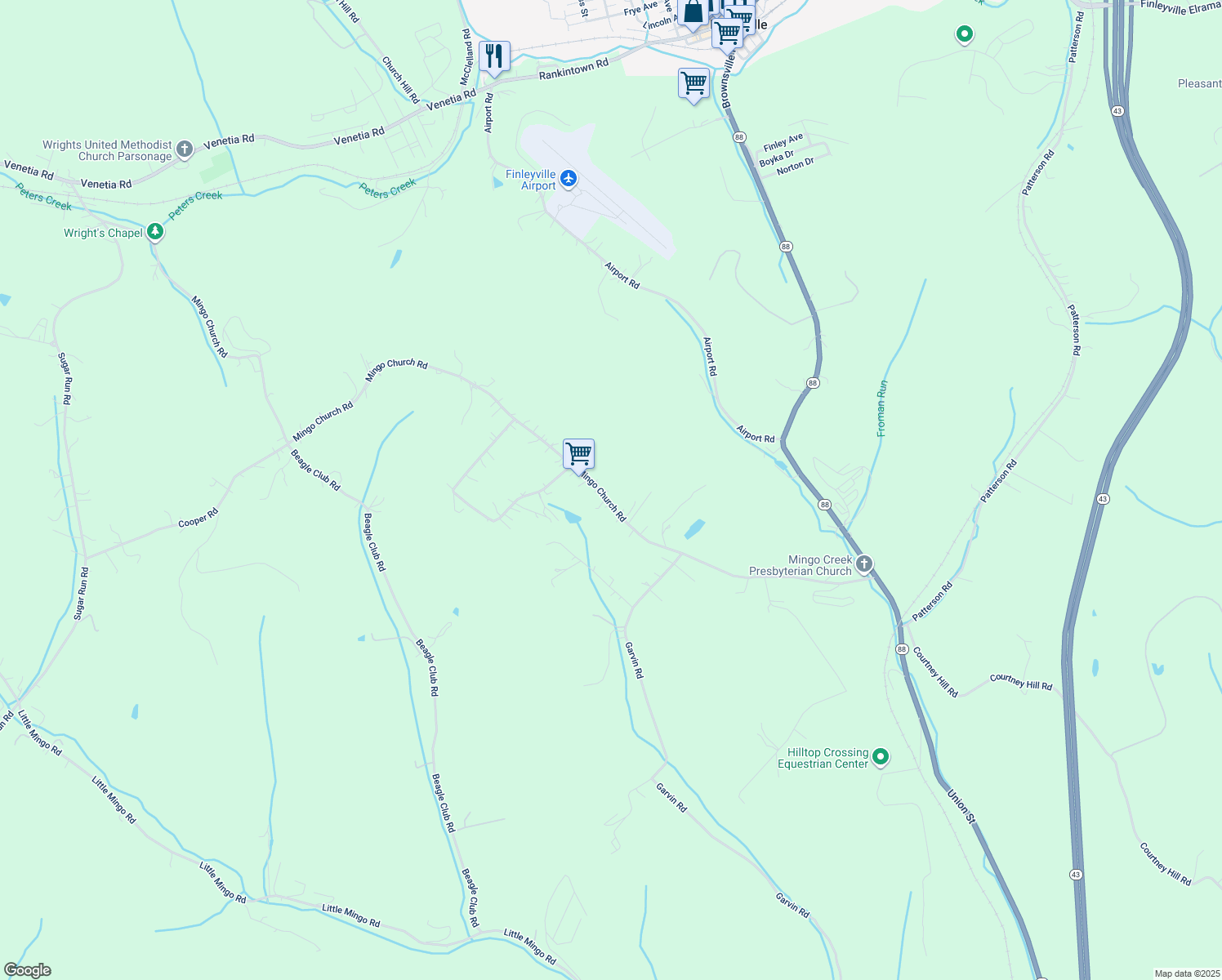 map of restaurants, bars, coffee shops, grocery stores, and more near 386 Mingo Church Road in Finleyville