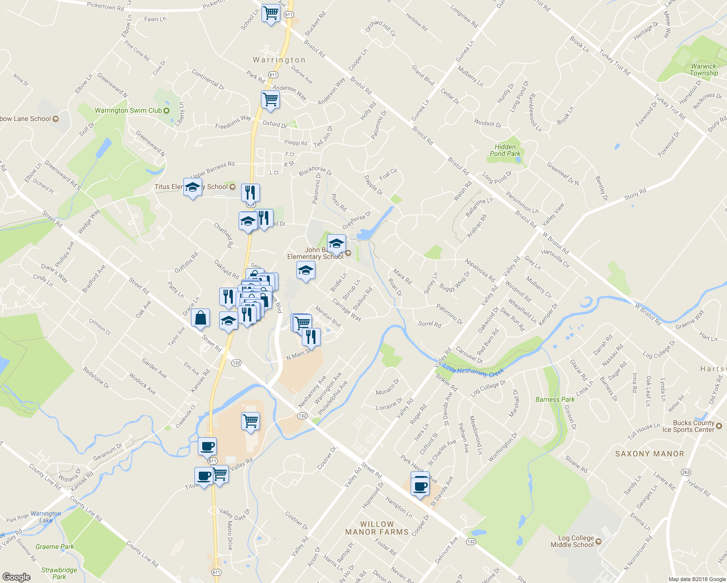 map of restaurants, bars, coffee shops, grocery stores, and more near 880 Stallion Road in Warrington