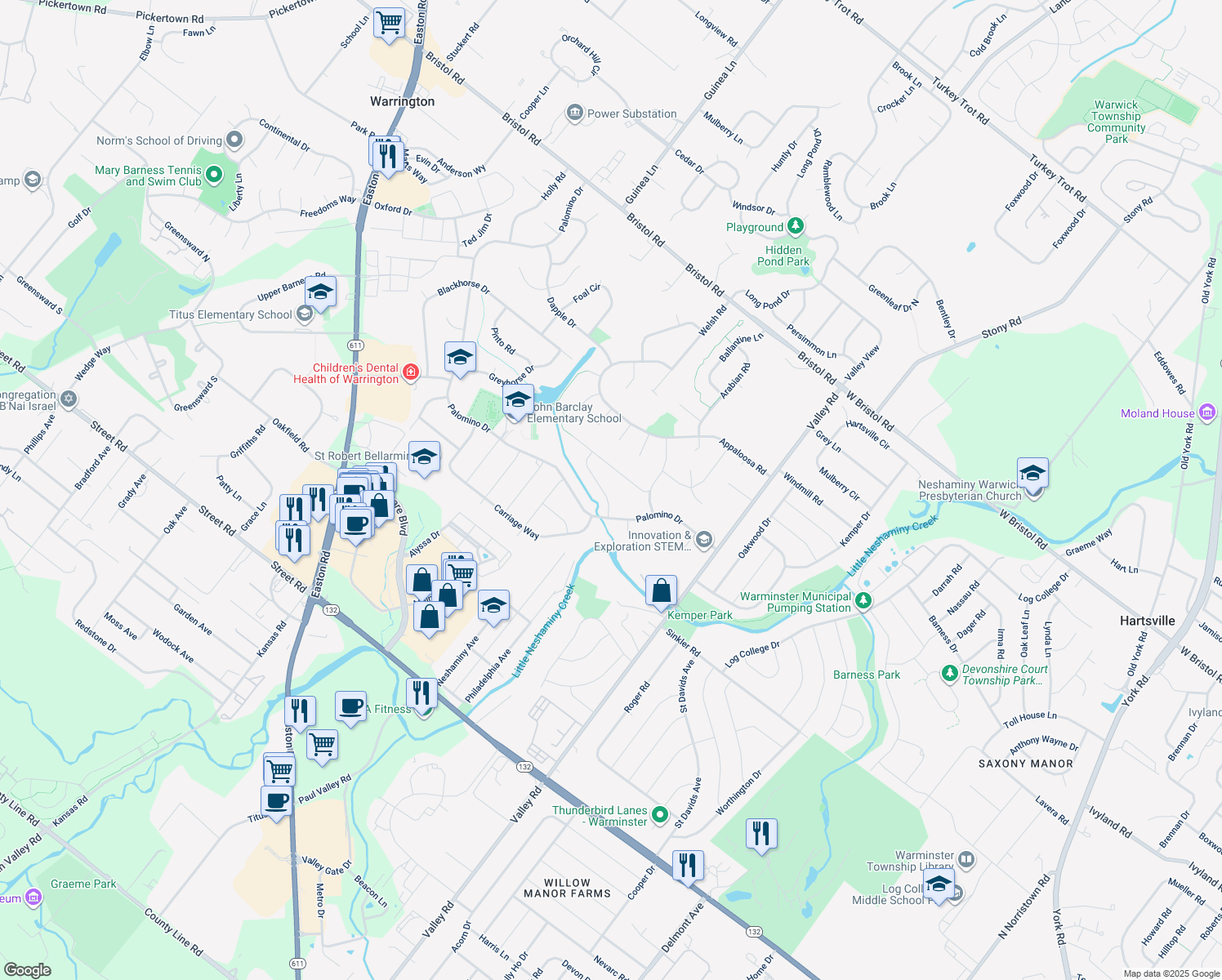 map of restaurants, bars, coffee shops, grocery stores, and more near 1813 Roan Drive in Warrington