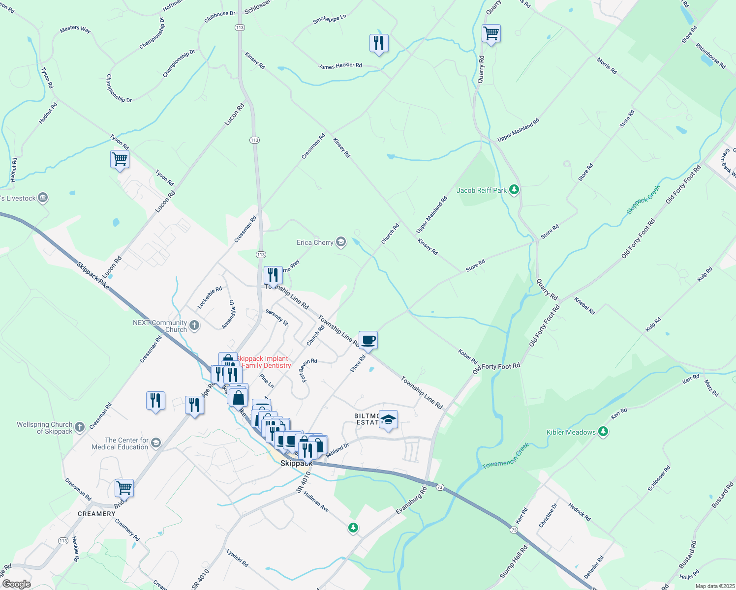 map of restaurants, bars, coffee shops, grocery stores, and more near 844 Church Road in Harleysville