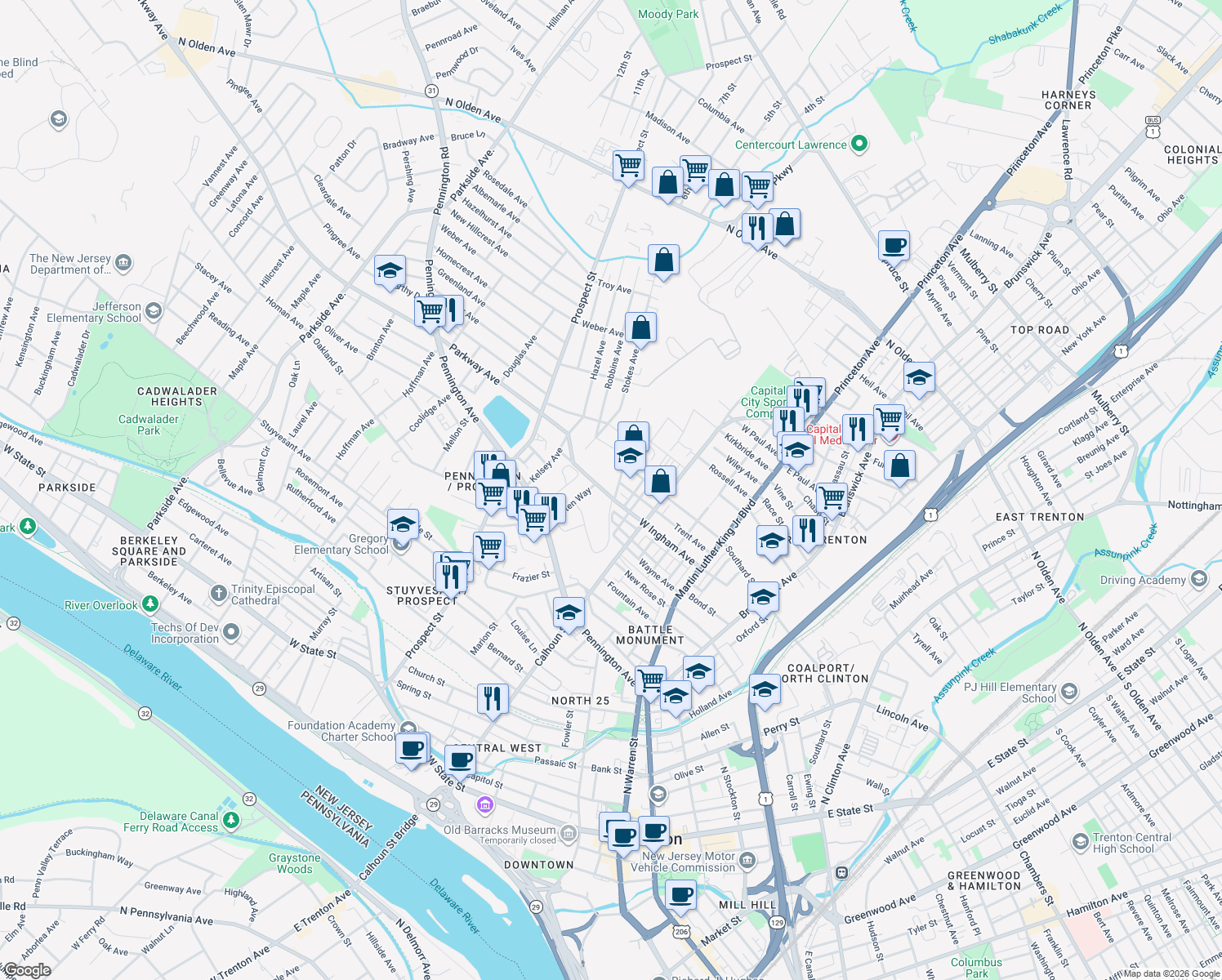 map of restaurants, bars, coffee shops, grocery stores, and more near 550 W Ingham Ave in Ewing Township