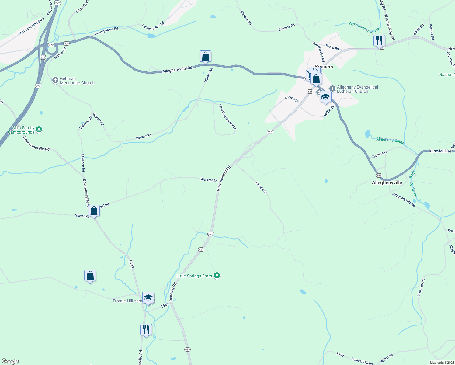 map of restaurants, bars, coffee shops, grocery stores, and more near 4650 New Holland Road in Mohnton