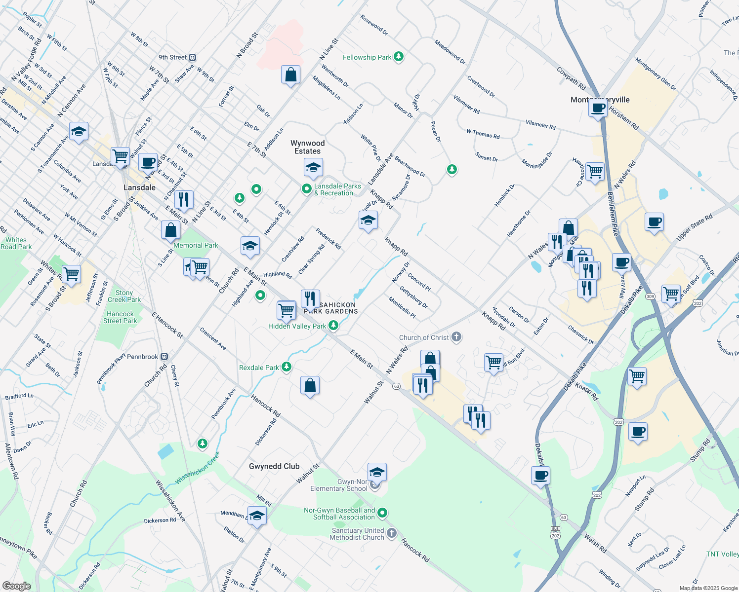 map of restaurants, bars, coffee shops, grocery stores, and more near 412 Norway Dr in Lansdale