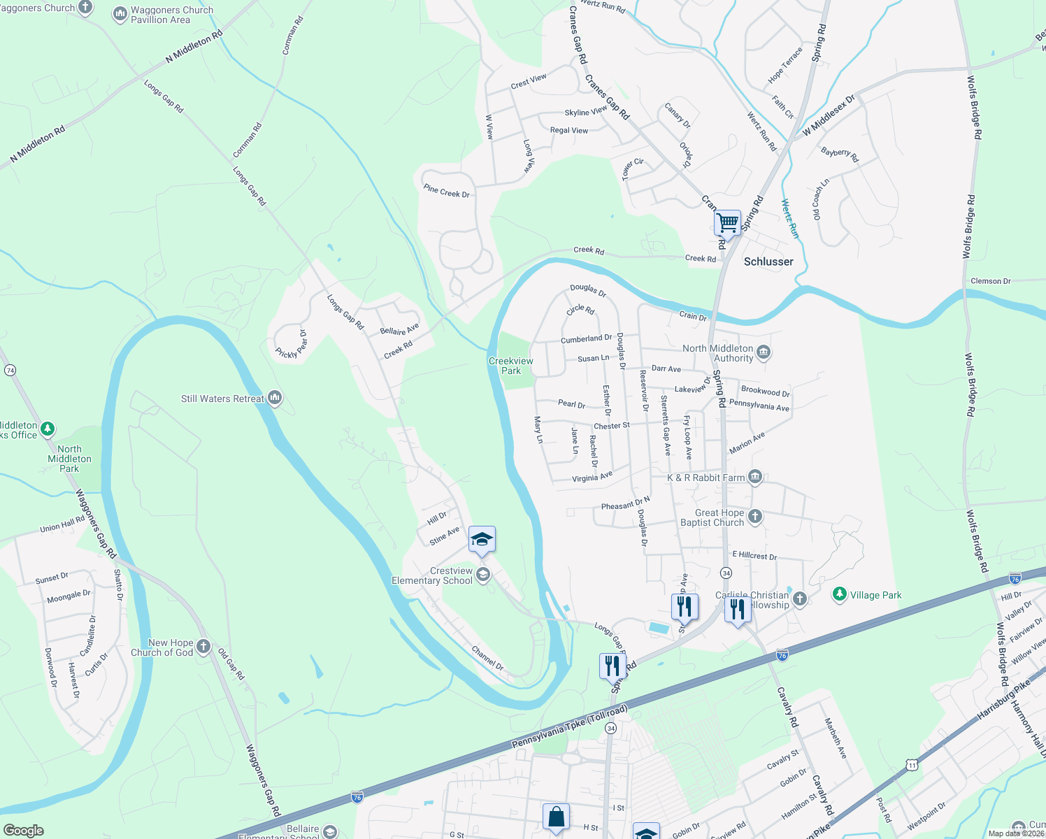 map of restaurants, bars, coffee shops, grocery stores, and more near 1900 Mary Ln in Carlisle